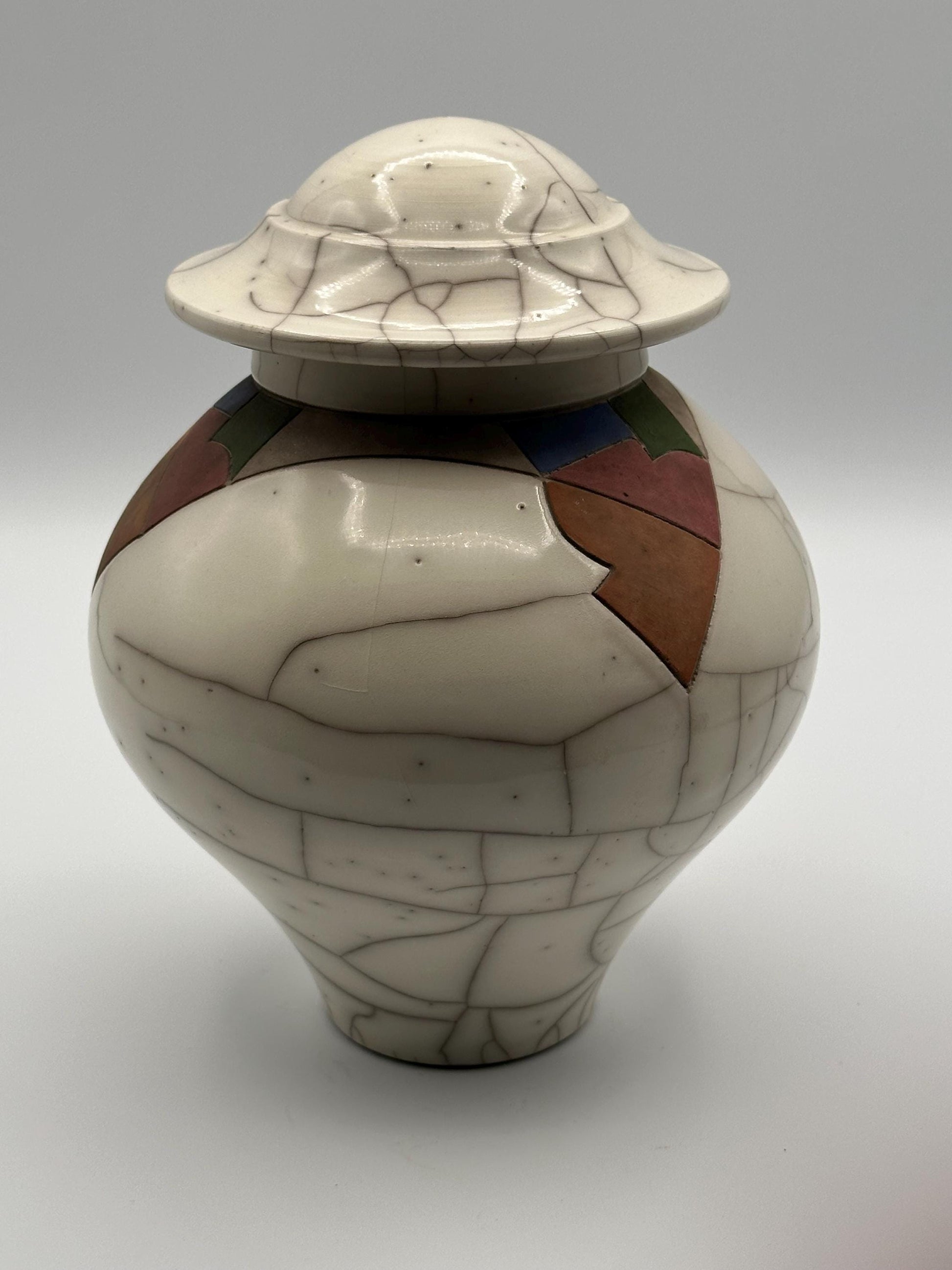 Vintage Raku Pottery Lidded Jar Artist Signed 1986 Crackle Glaze Southwestern Modern Handmade Studio Art Vessel