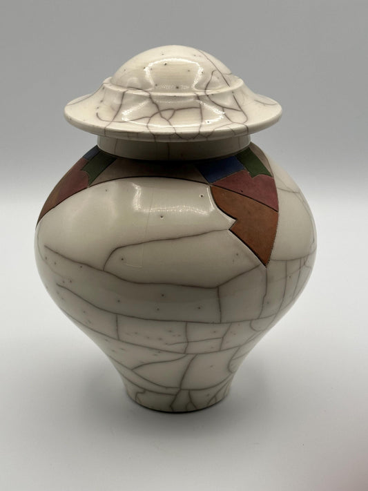 Vintage Raku Pottery Lidded Jar Artist Signed 1986 Crackle Glaze Southwestern Modern Handmade Studio Art Vessel
