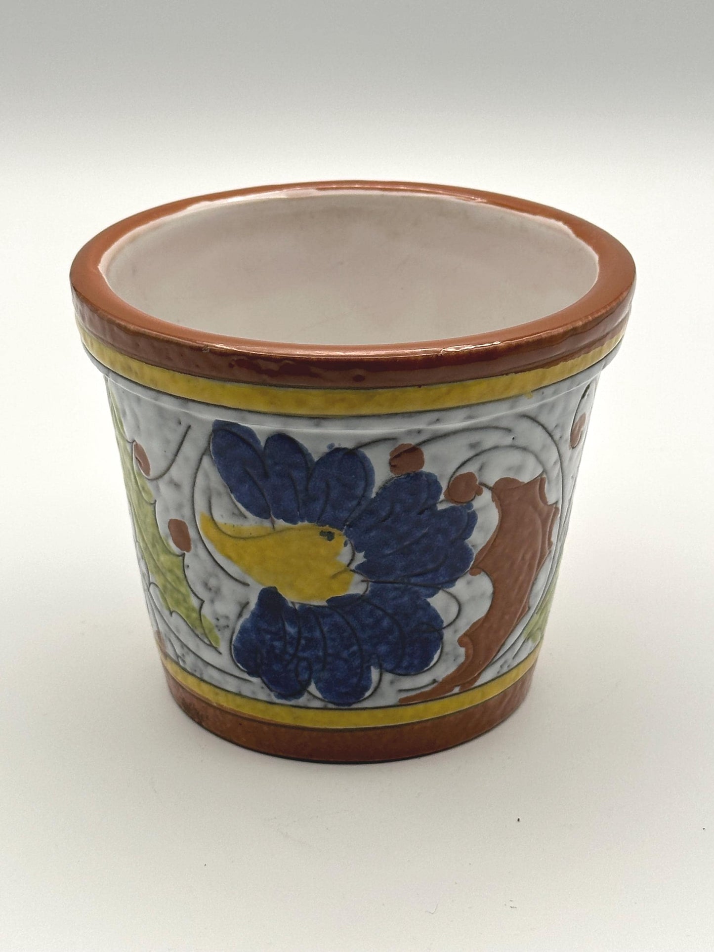 Vintage Italian Hand-Painted Ceramic Planter 4" Floral Pot Small Cachepot Italy Marked Colorful Flower Design