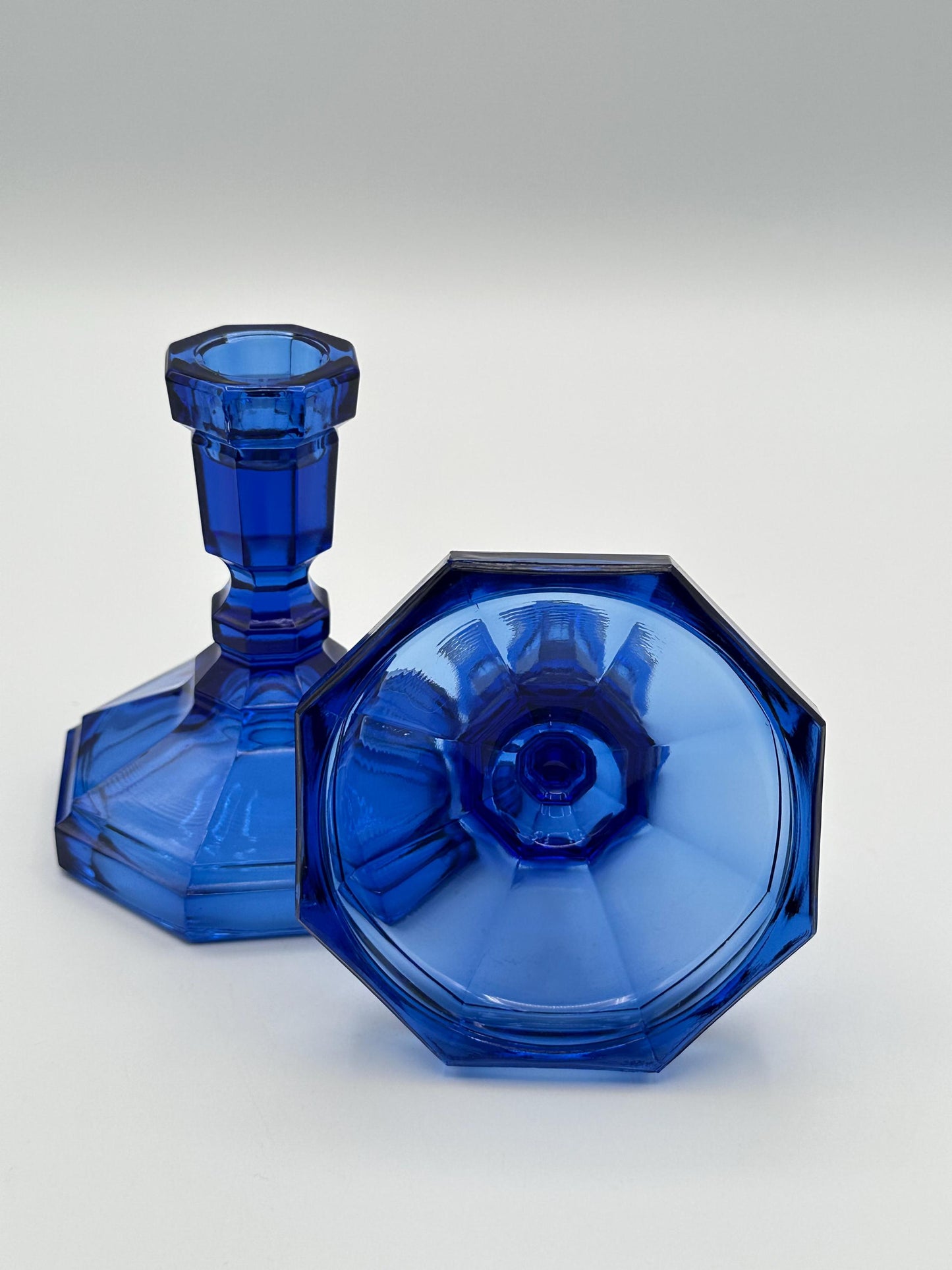 Vintage Cobalt Blue Glass Candle Holders - Art Deco Pressed Geometric Octagon Candlesticks Pair