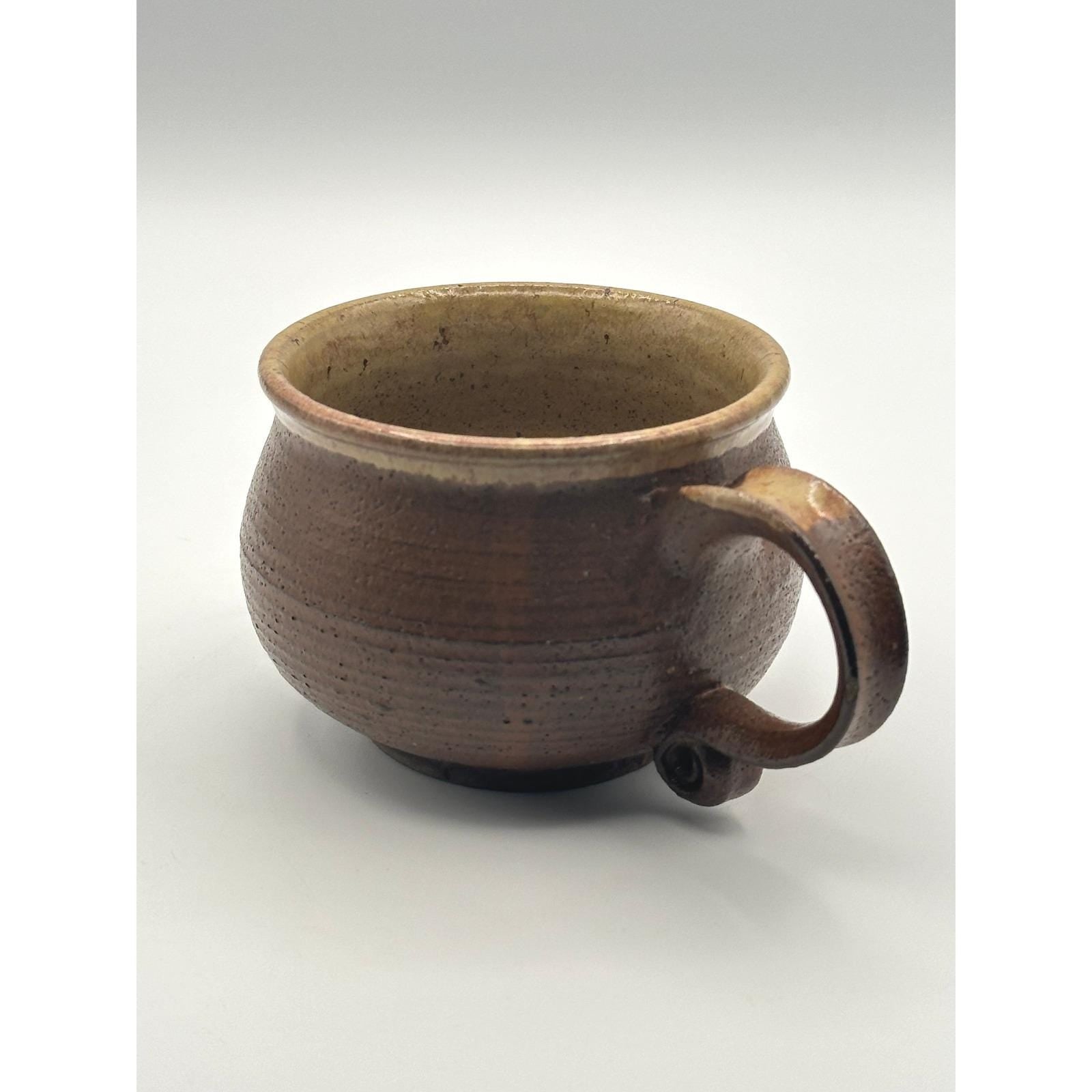 Artist Signed Rustic Stoneware Pottery Mug Brown Glaze Unique Curved Handle