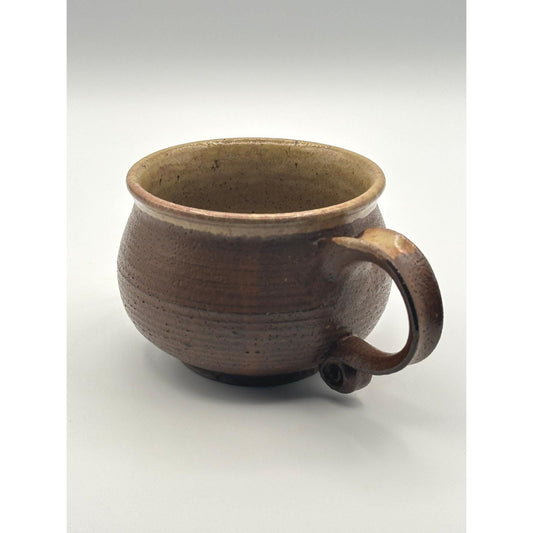 Artist Signed Rustic Stoneware Pottery Mug Brown Glaze Unique Curved Handle