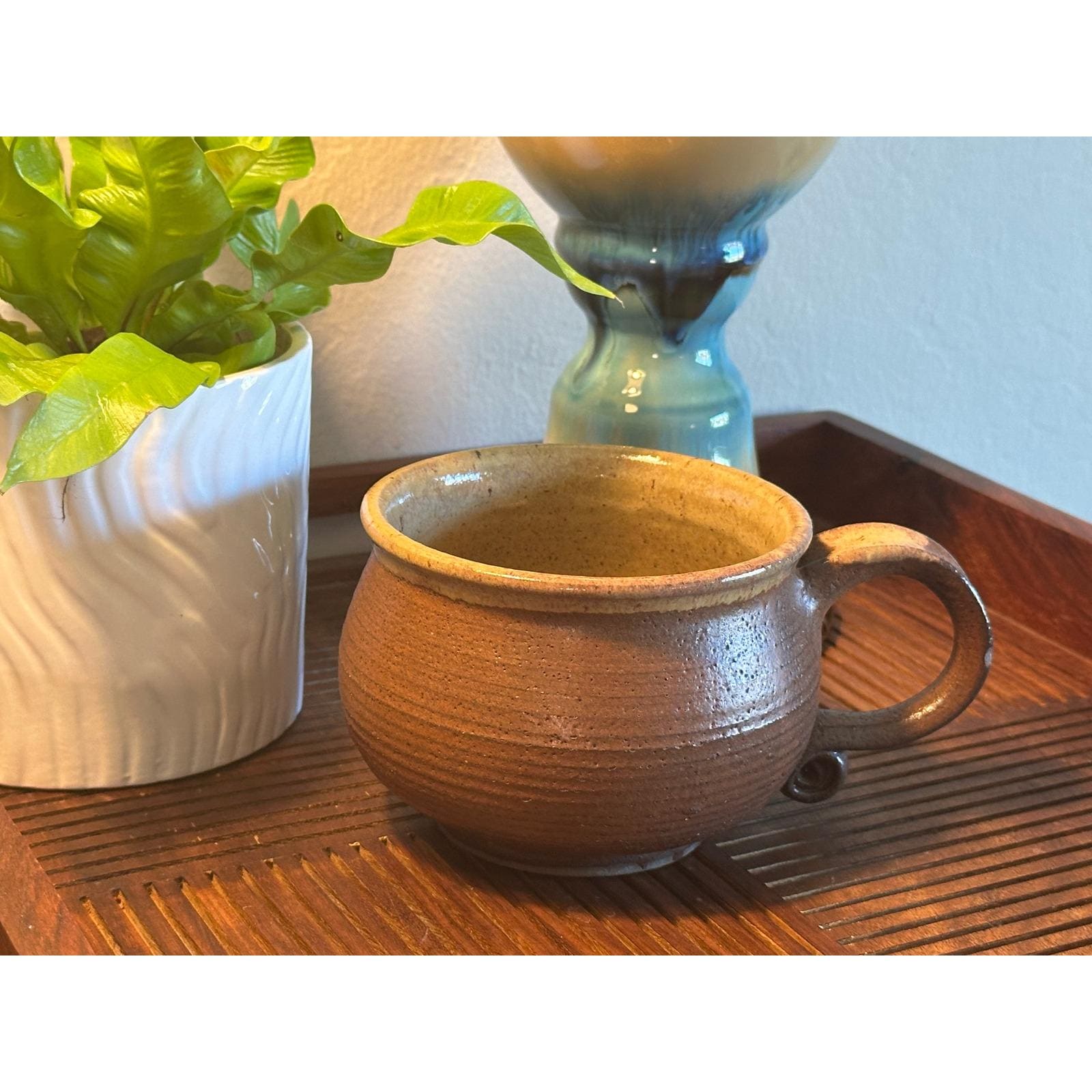 Artist Signed Rustic Stoneware Pottery Mug Brown Glaze Unique Curved Handle