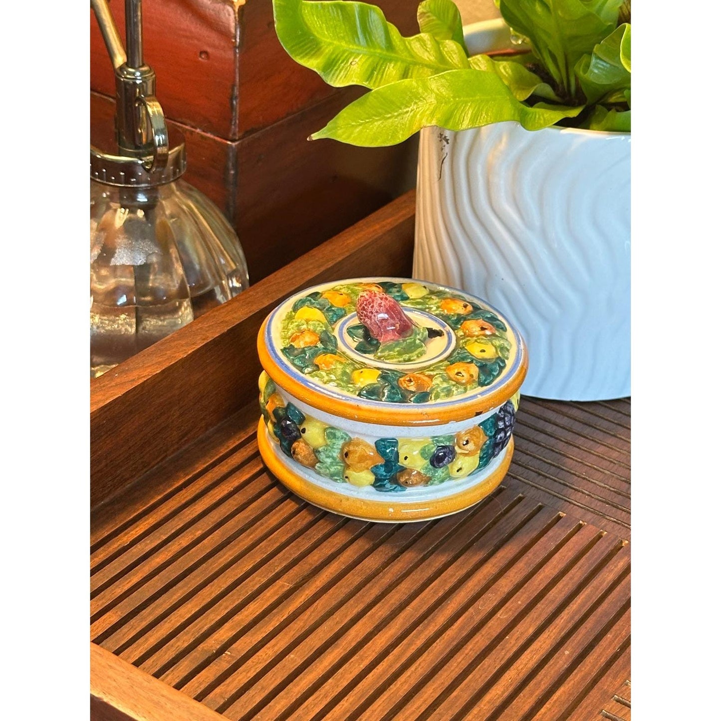 Vintage Della Robbia Majolica Style Pottery Trinket Box Made in Italy - Ceramic Jewelry Storage Keepsake