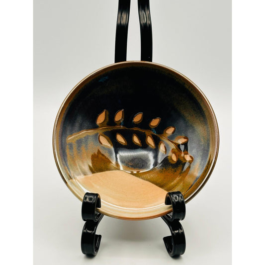Handmade Studio Pottery Bowl 6.5" Glazed Stoneware Dish with Leaf Motif