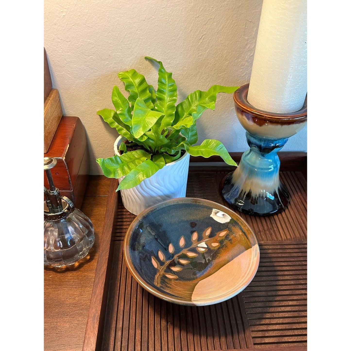 Handmade Studio Pottery Bowl 6.5" Glazed Stoneware Dish with Leaf Motif