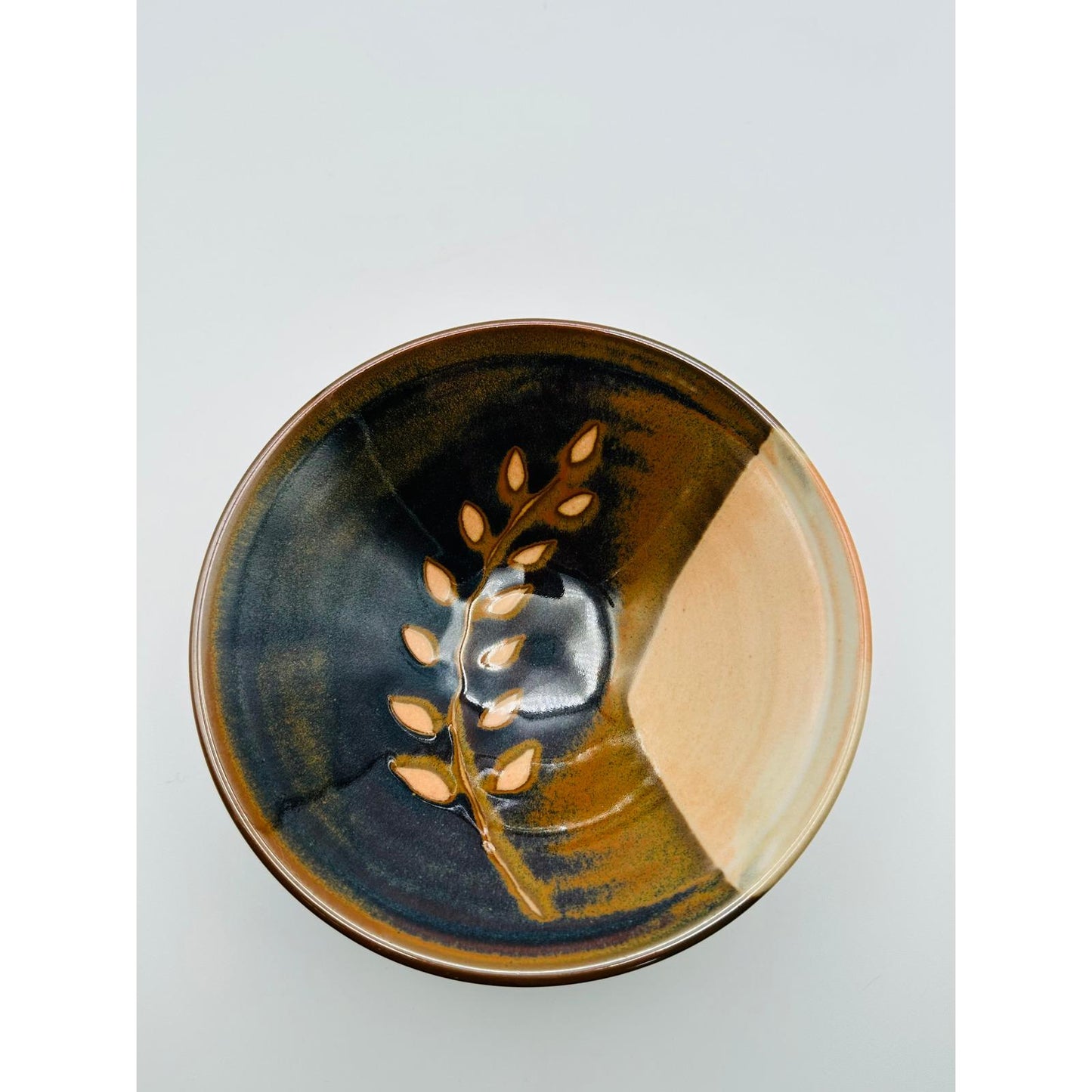 Handmade Studio Pottery Bowl 6.5" Glazed Stoneware Dish with Leaf Motif
