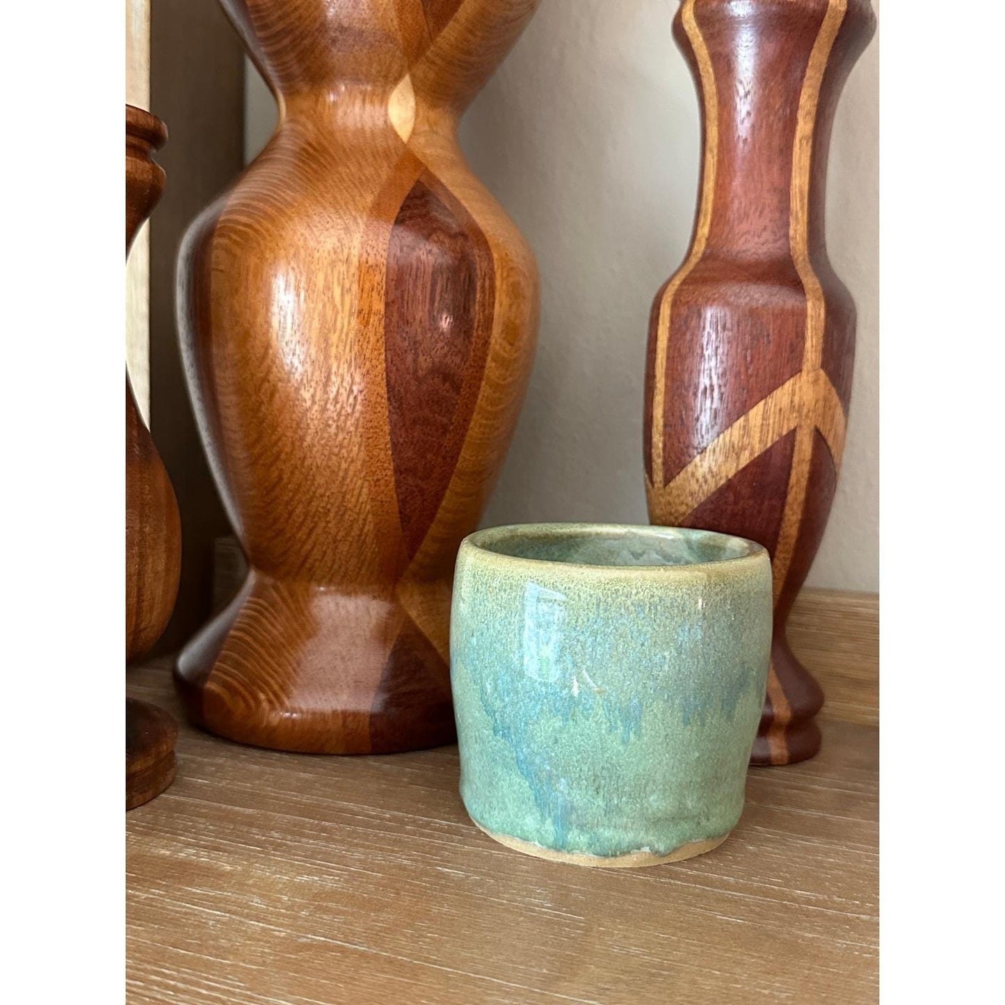 Handmade Green Drip Glaze Ceramic Cup Small Rustic Stoneware Vessel Pot 2.75 inch