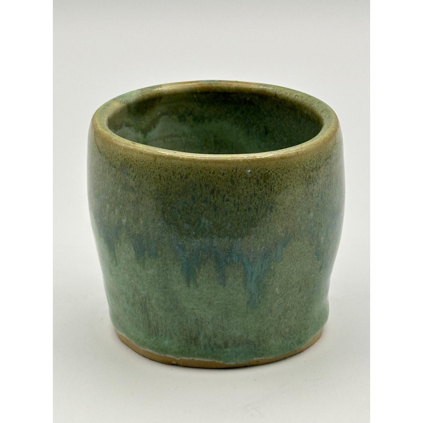 Handmade Green Drip Glaze Ceramic Cup Small Rustic Stoneware Vessel Pot 2.75 inch