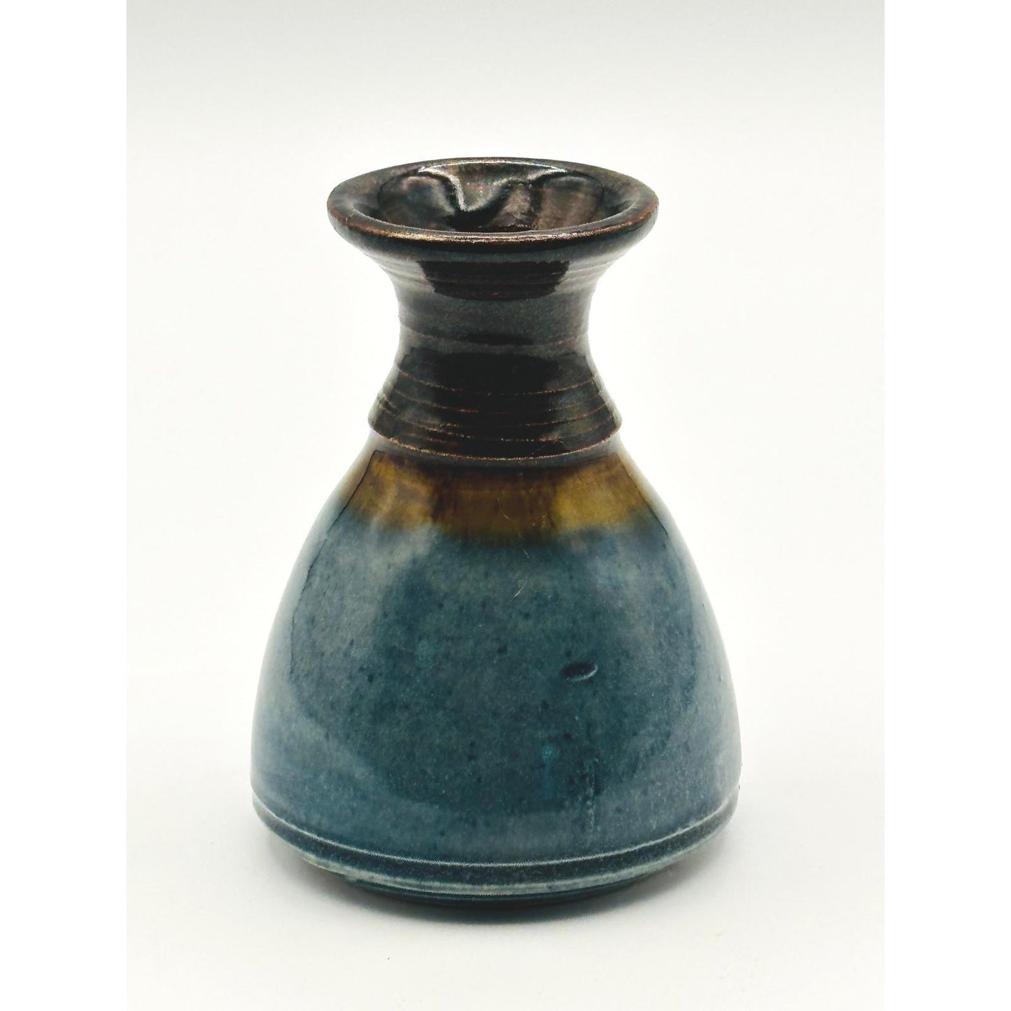 Handmade Studio Pottery Mini Vase - Artist Signed Blue Brown Glazed Ceramic Small Vessel
