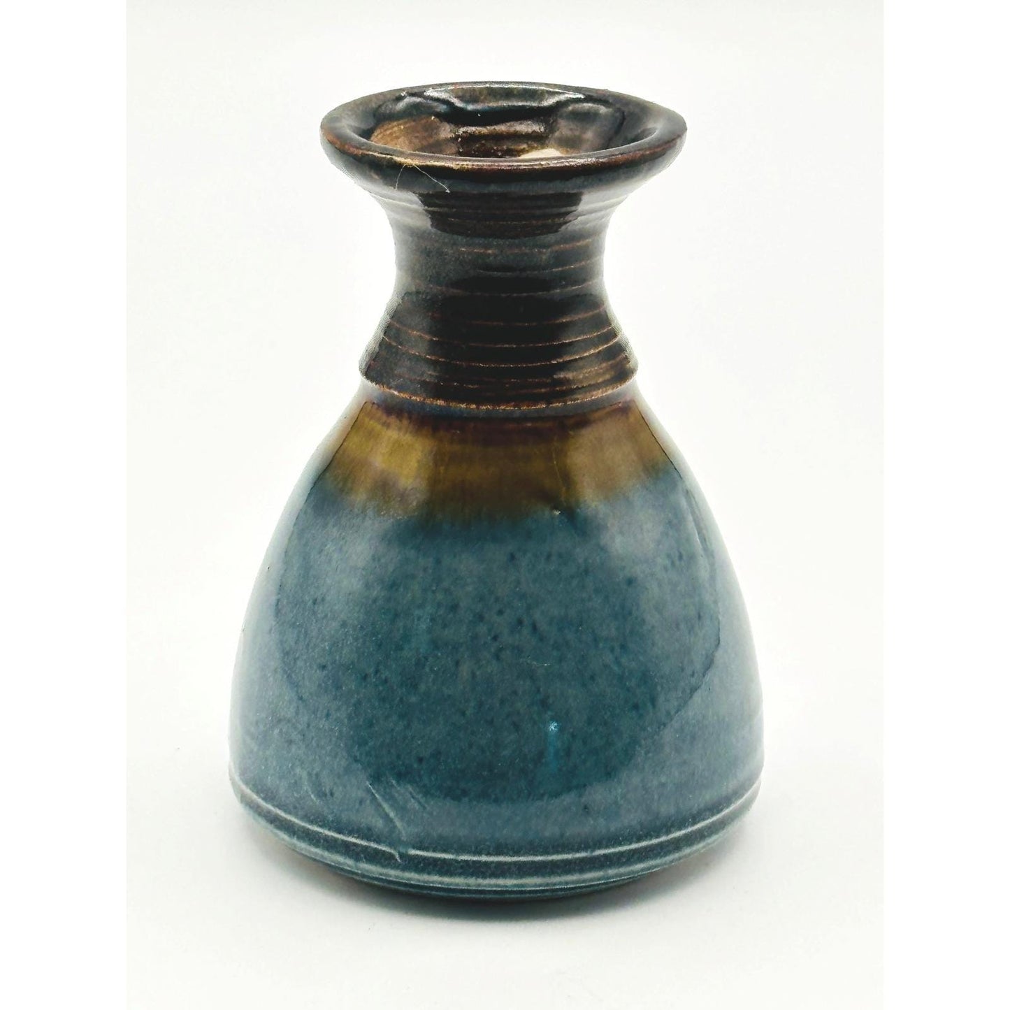 Handmade Studio Pottery Mini Vase - Artist Signed Blue Brown Glazed Ceramic Small Vessel