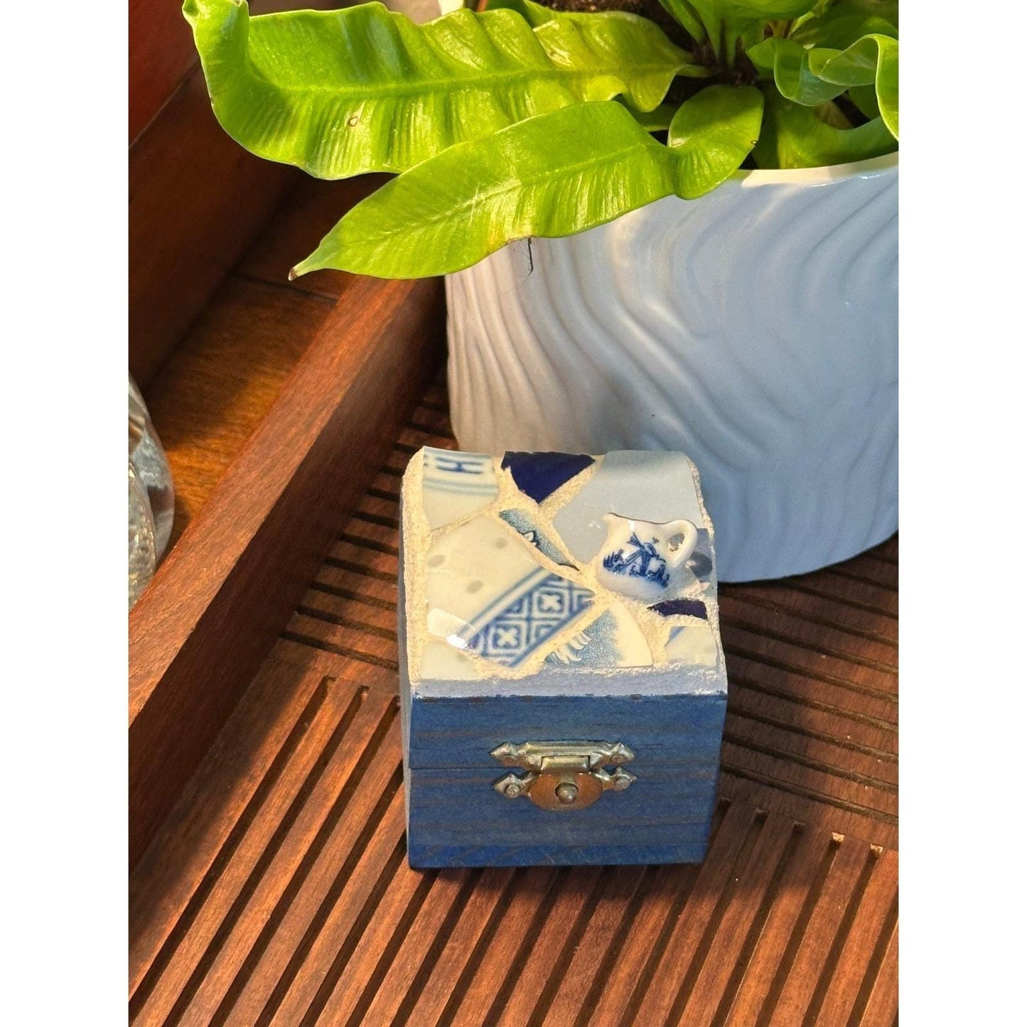 Vintage Handmade Mosaic Trinket Box Blue White China Shards Artist Signed Jewelry Storage Keepsake