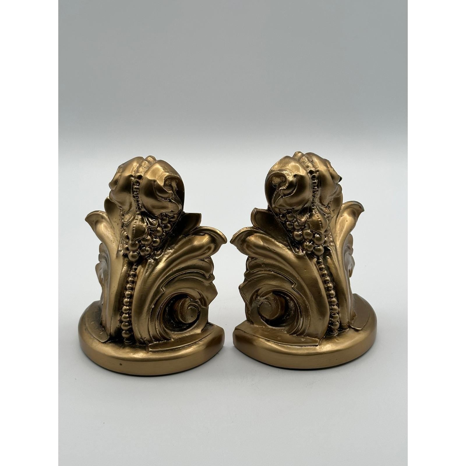 Vintage PM Craftsman Gold Scroll Bookends - Ornate Classical Decorative Book Holders