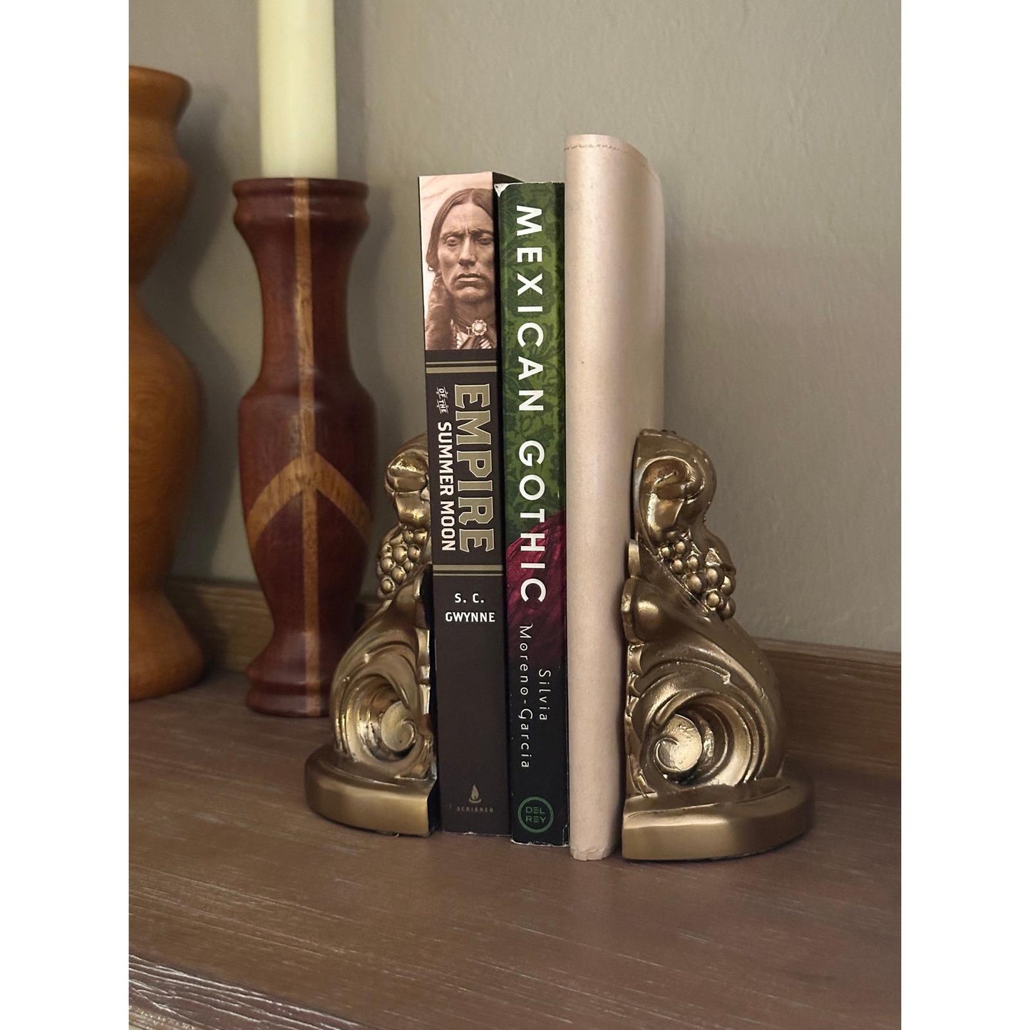 Vintage PM Craftsman Gold Scroll Bookends - Ornate Classical Decorative Book Holders