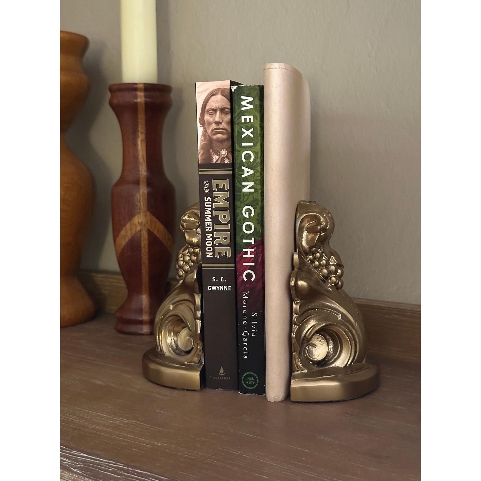 Vintage PM Craftsman Gold Scroll Bookends - Ornate Classical Decorative Book Holders