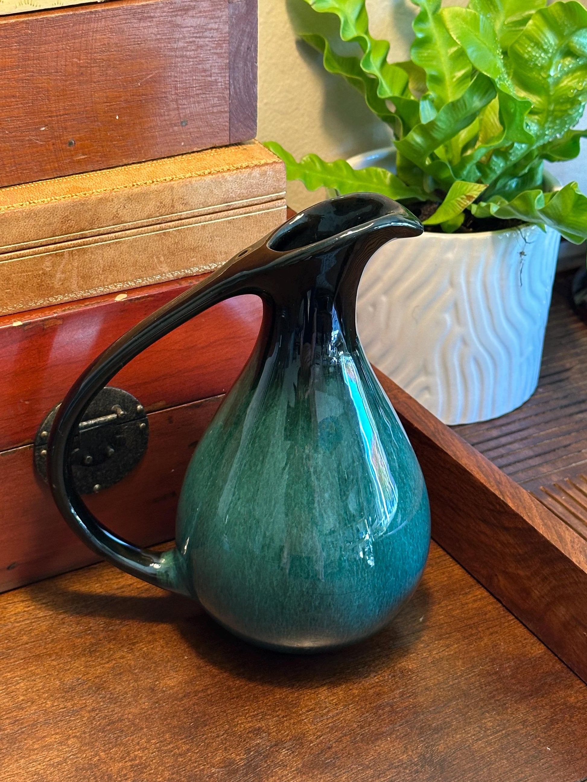 Vintage Blue Mountain Pottery Pitcher Ewer - Canadian Drip Glaze Teal Black Decorative Jug BMP Collectible Art