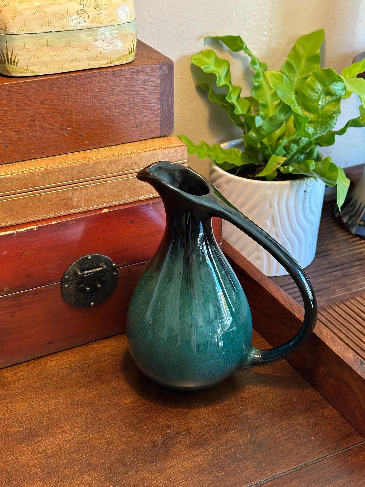 Vintage Blue Mountain Pottery Pitcher Ewer - Canadian Drip Glaze Teal Black Decorative Jug BMP Collectible Art