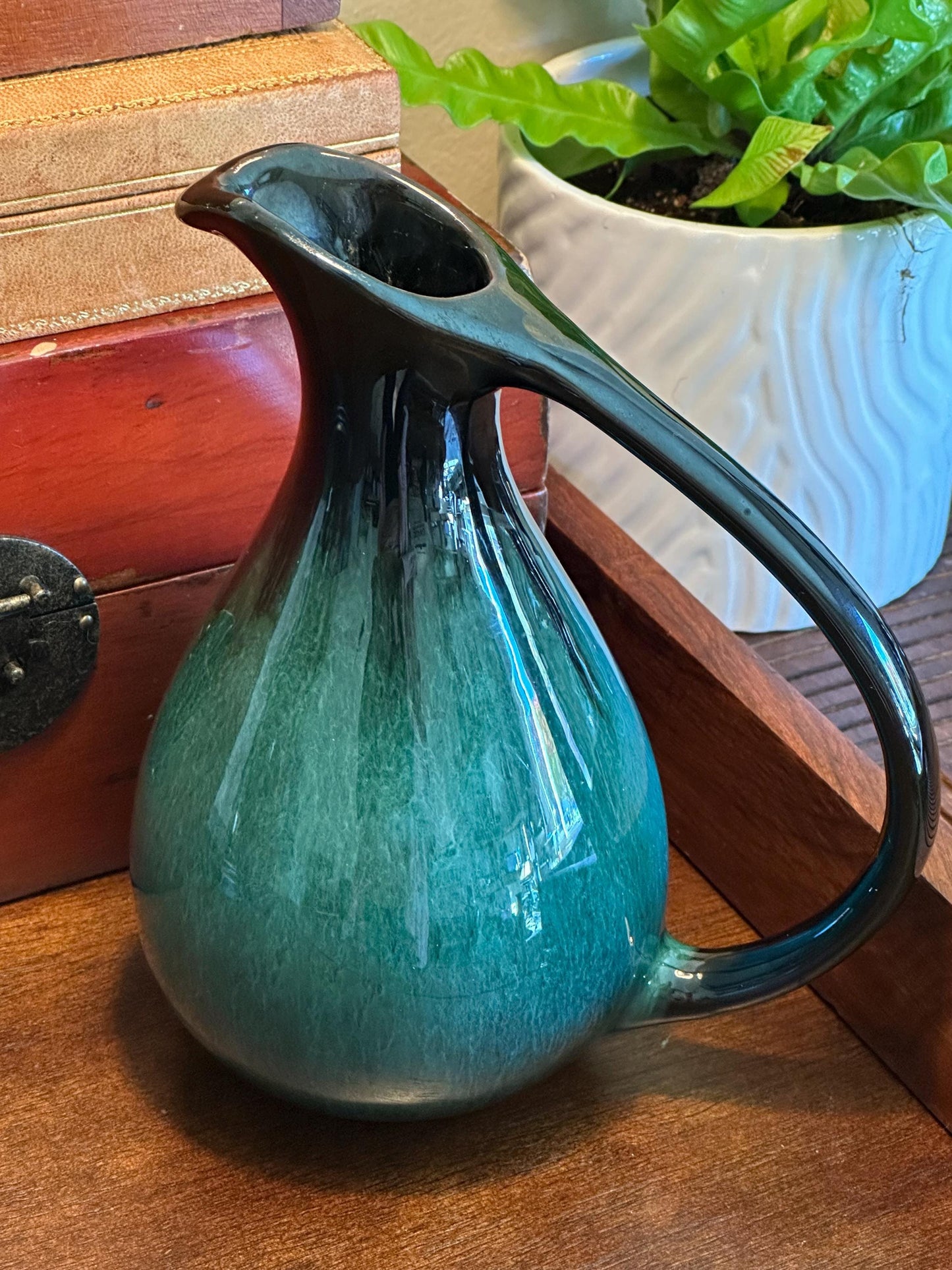 Vintage Blue Mountain Pottery Pitcher Ewer - Canadian Drip Glaze Teal Black Decorative Jug BMP Collectible Art