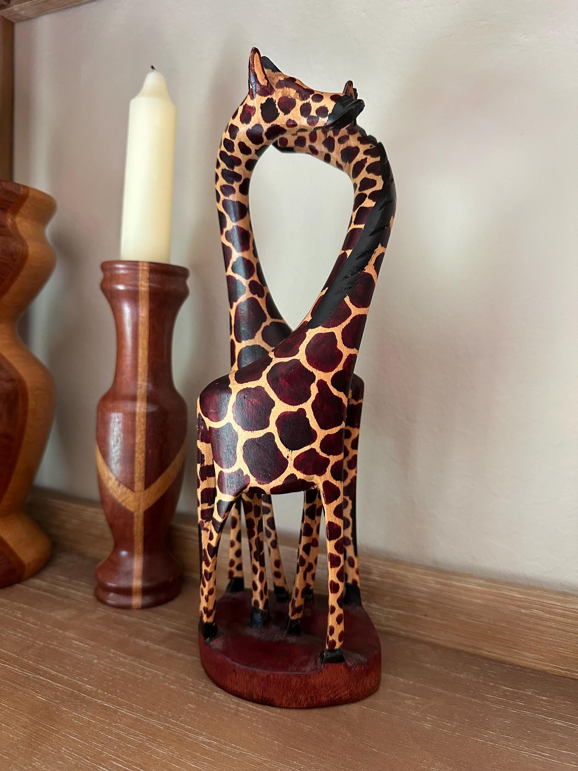 African Giraffe Harmony Hand Carved Painted Wood Sculpture Art Figurine Safari Decor Collectible Gift