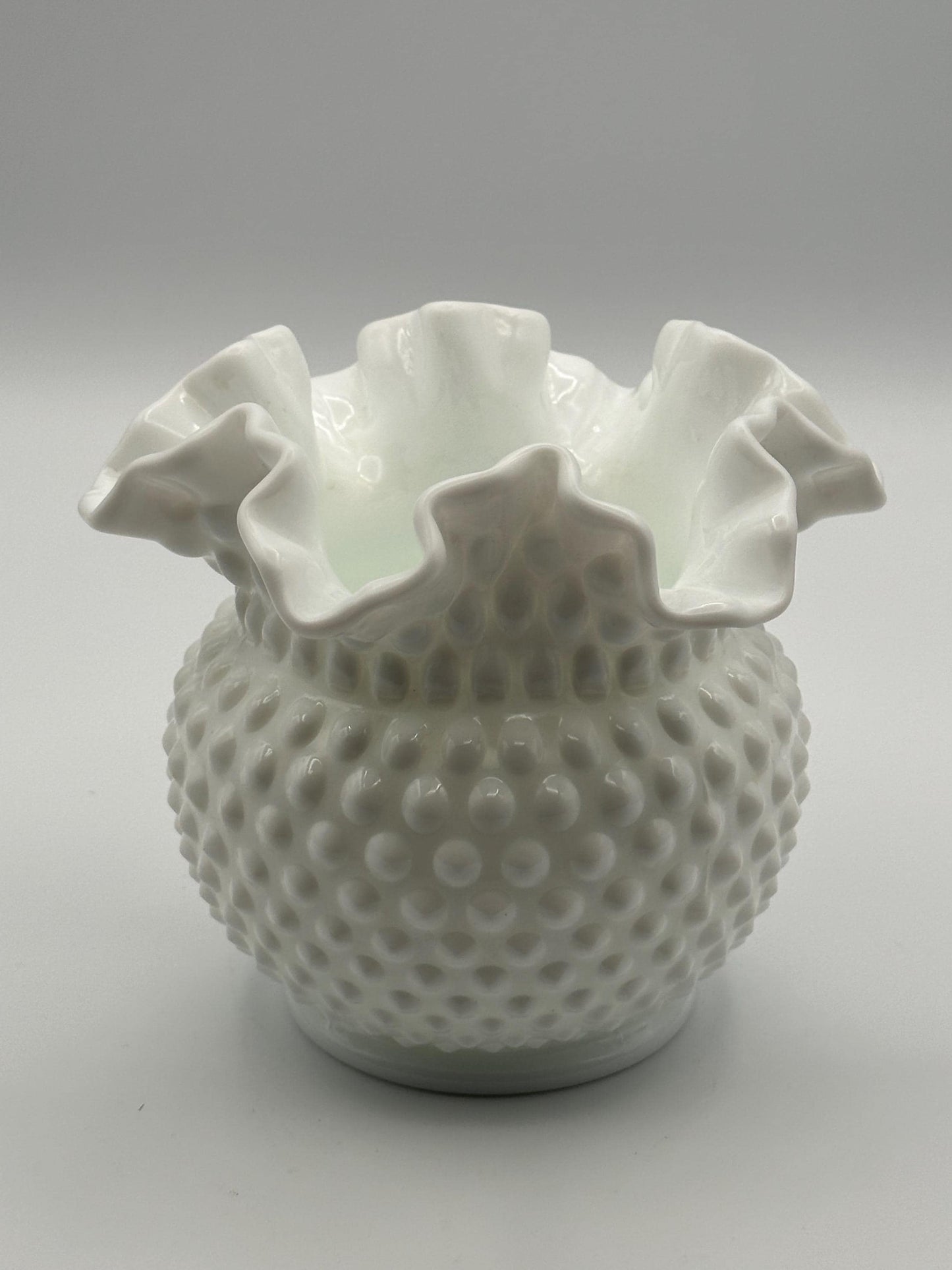 Vintage Fenton Hobnail Milk Glass Vase Double Crimped Edge Round White Collectible Centerpiece