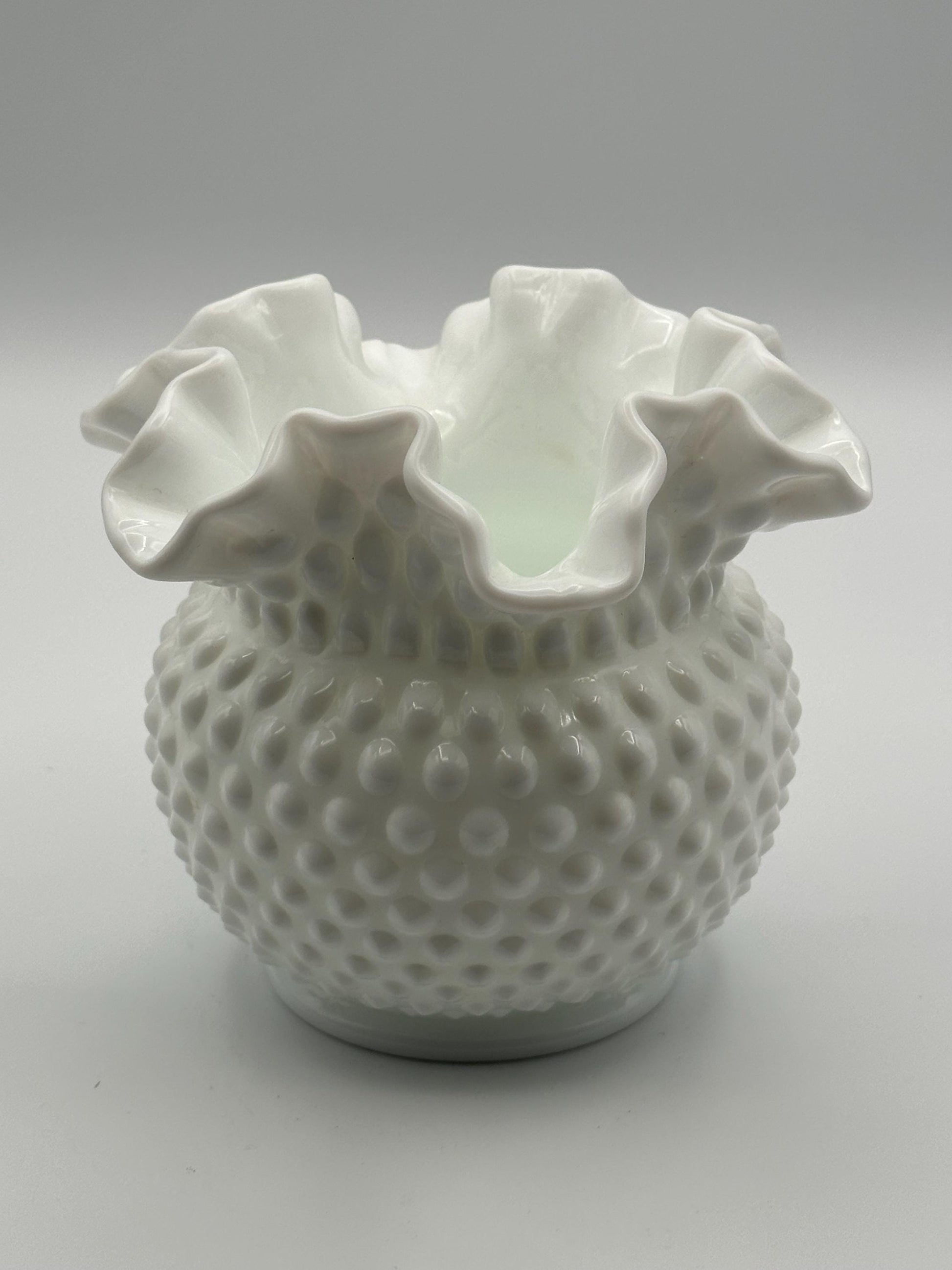 Vintage Fenton Hobnail Milk Glass Vase Double Crimped Edge Round White Collectible Centerpiece