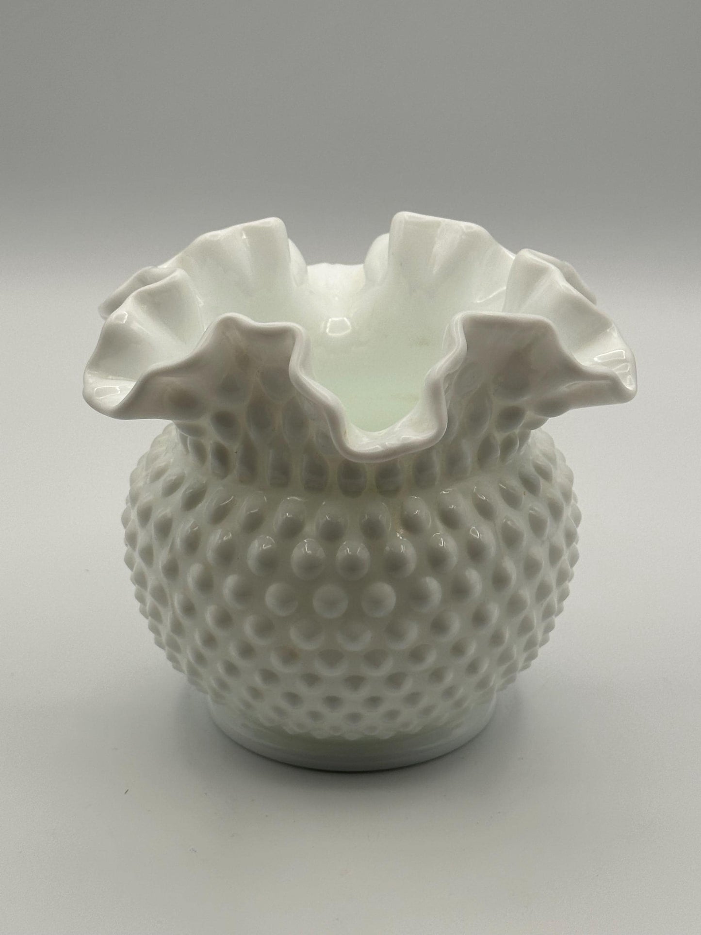 Vintage Fenton Hobnail Milk Glass Vase Double Crimped Edge Round White Collectible Centerpiece