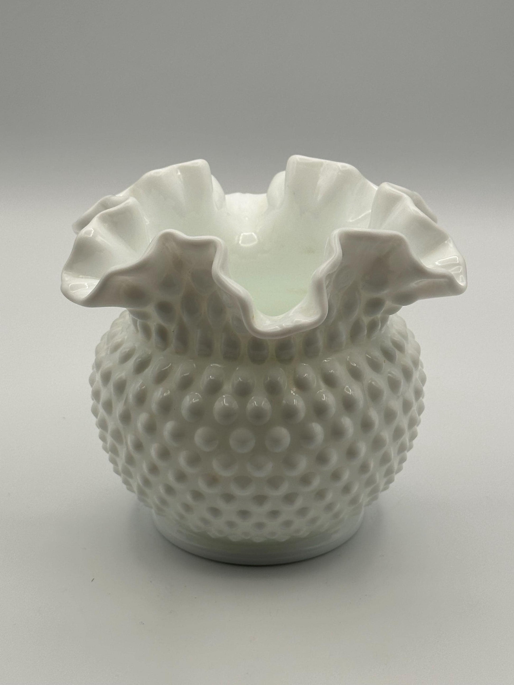 Vintage Fenton Hobnail Milk Glass Vase Double Crimped Edge Round White Collectible Centerpiece