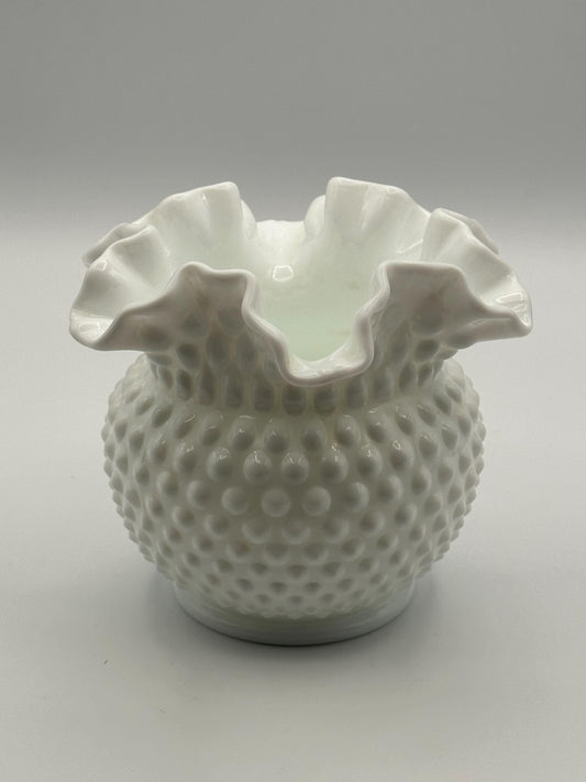 Vintage Fenton Hobnail Milk Glass Vase Double Crimped Edge Round White Collectible Centerpiece