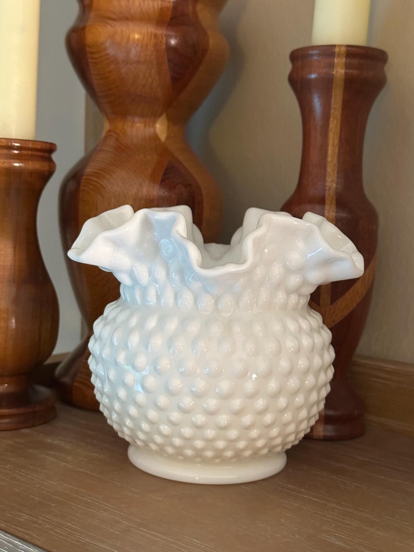 Vintage Fenton Hobnail Milk Glass Vase Double Crimped Edge Round White Collectible Centerpiece
