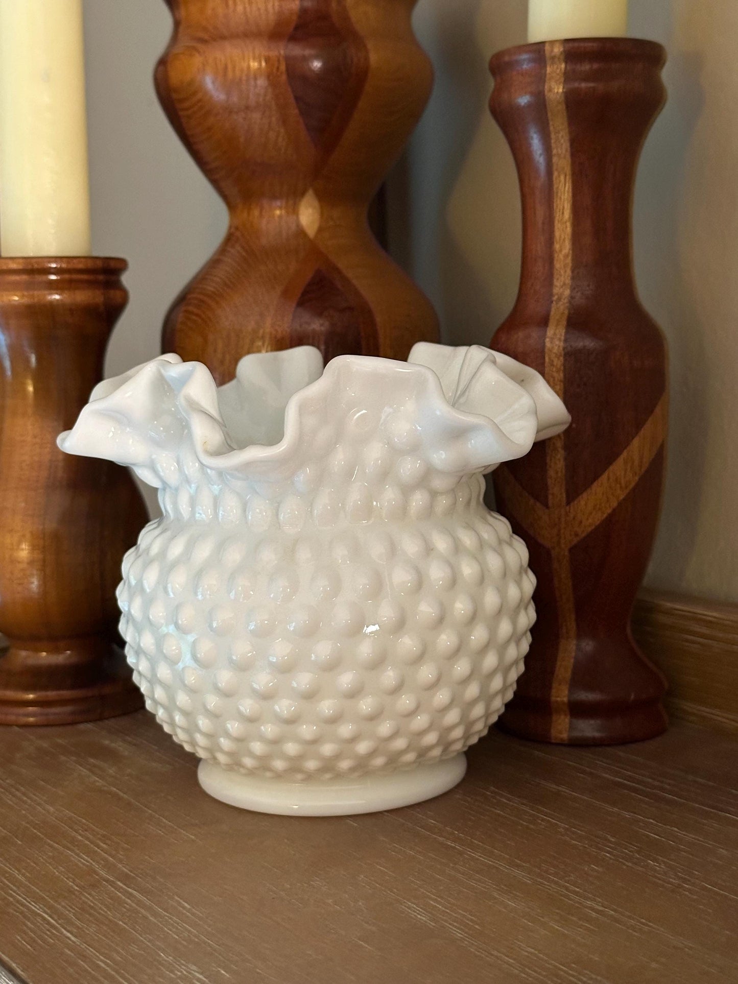 Vintage Fenton Hobnail Milk Glass Vase Double Crimped Edge Round White Collectible Centerpiece