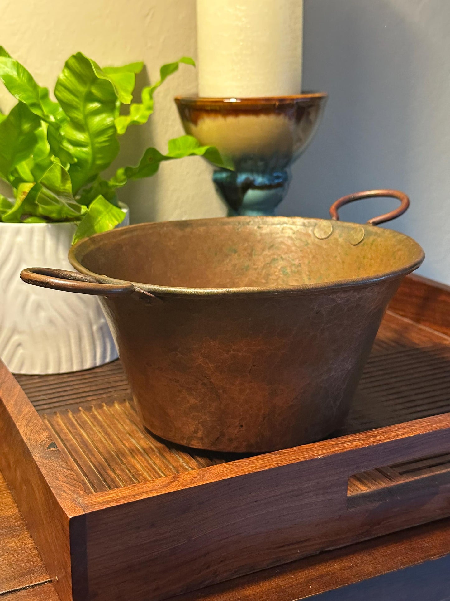 Antique Copper Kettle Pot Cauldron with Iron Handles - Vintage Kitchen Cookware