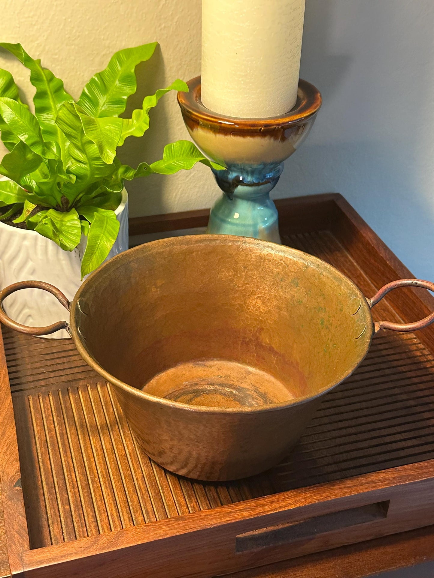 Antique Copper Kettle Pot Cauldron with Iron Handles - Vintage Kitchen Cookware