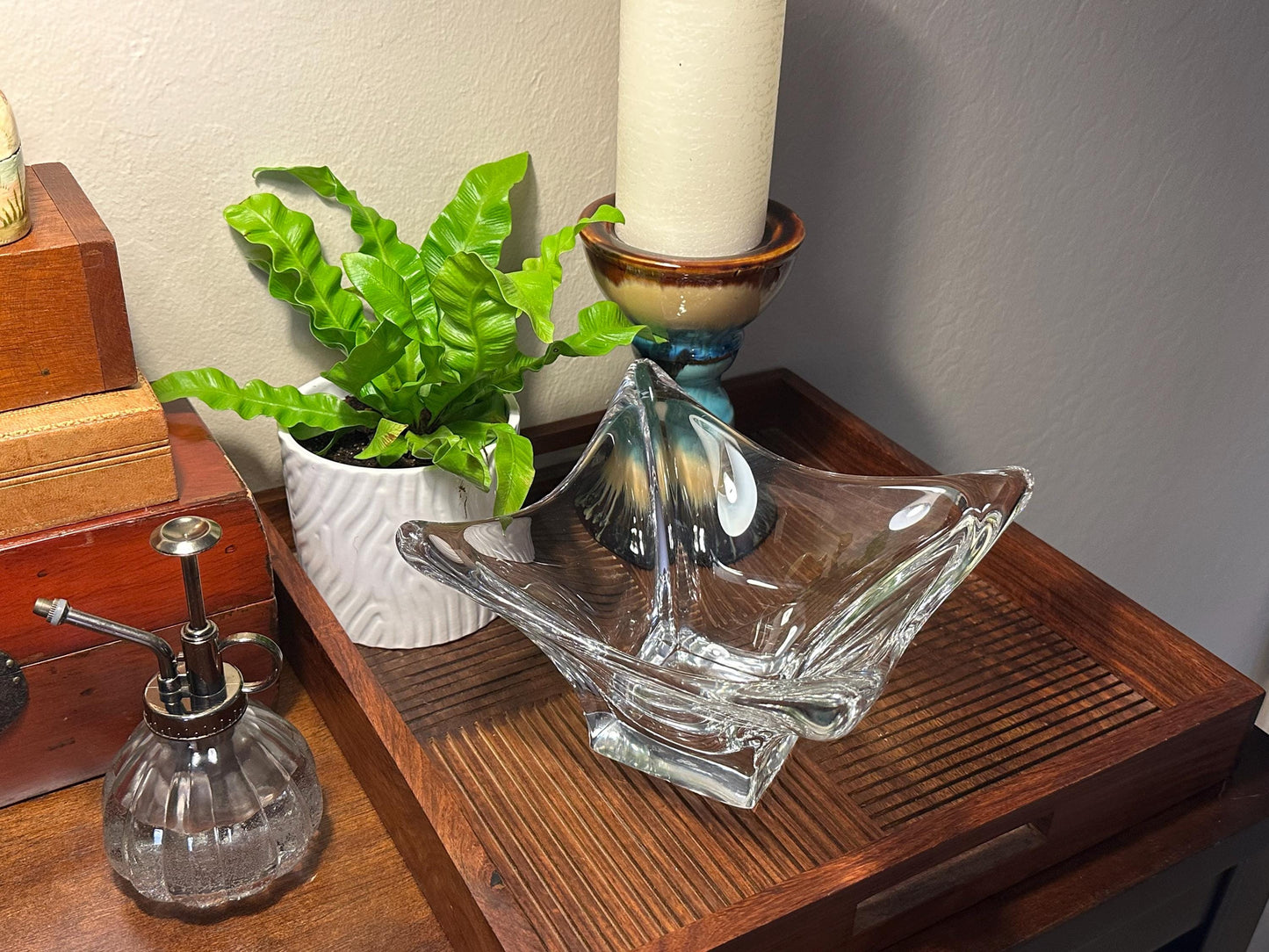 Vintage MCM Cofrac Art Verrier Clear Crystal Console Centerpiece Bowl 7 inch Mid Century Modern French Glass