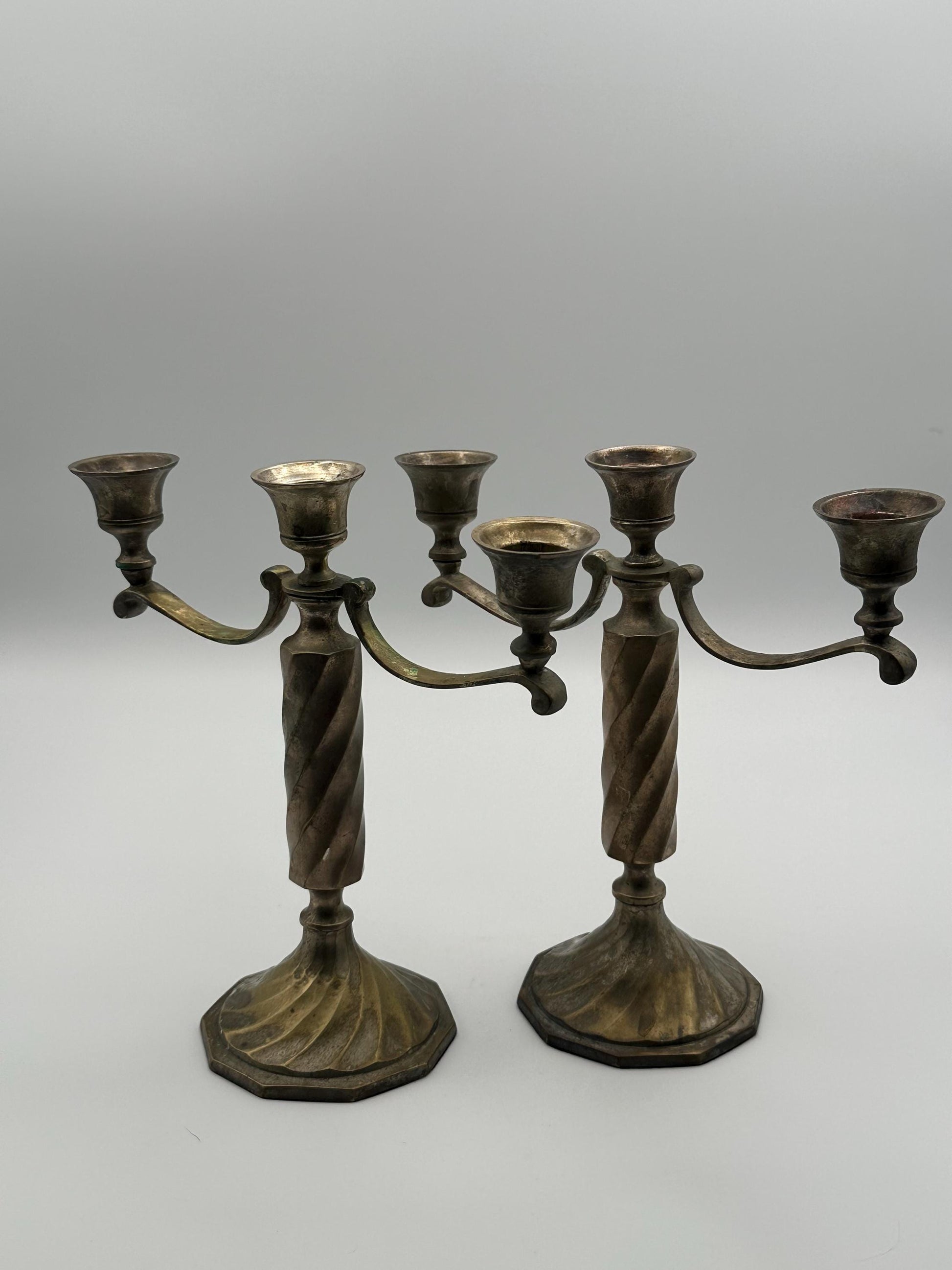 Vintage Brass 3-Arm Candelabra Pair – Ornate Twisted Column Candle Holders – Antique Style Mantel Decor