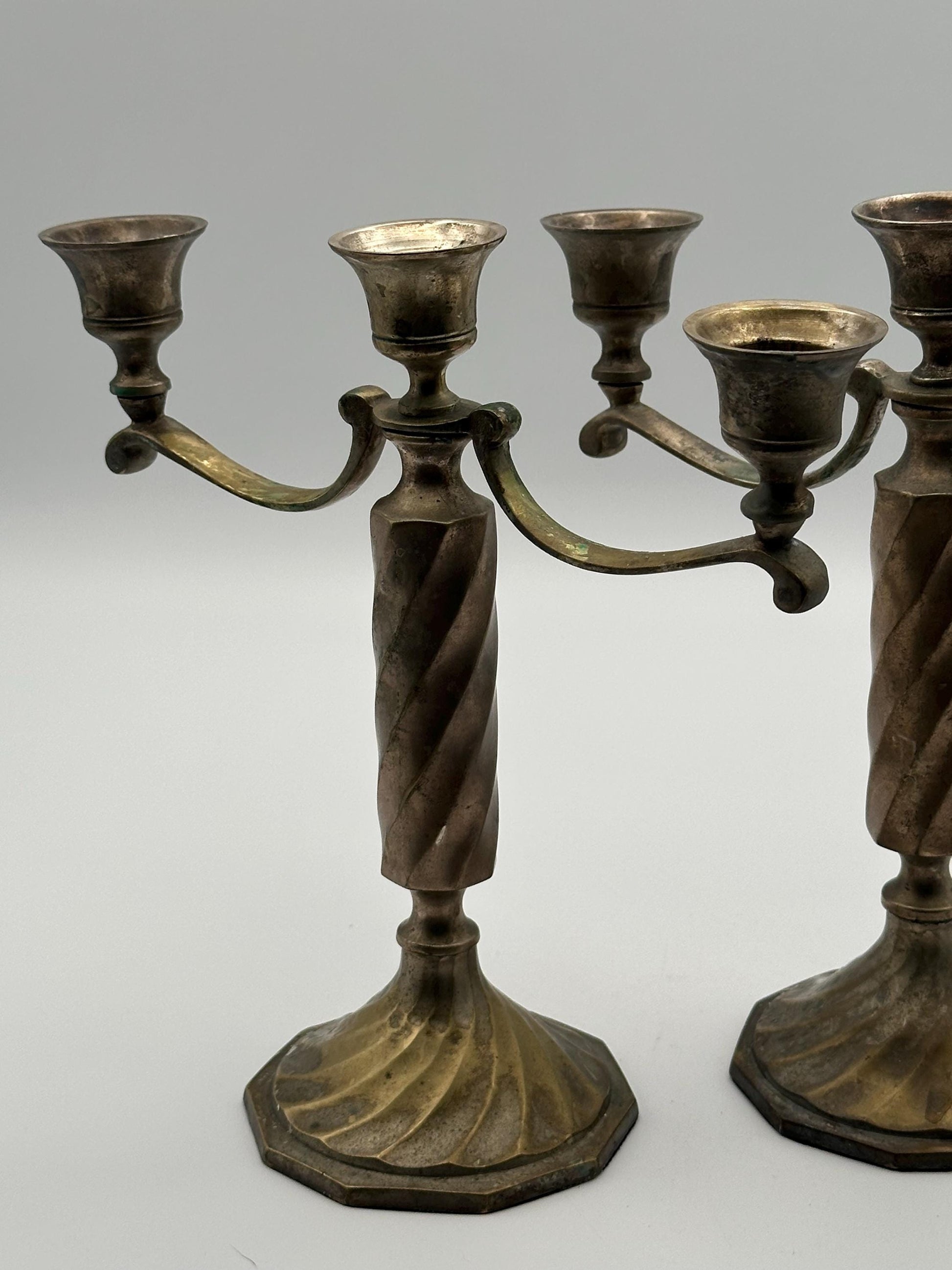 Vintage Brass 3-Arm Candelabra Pair – Ornate Twisted Column Candle Holders – Antique Style Mantel Decor