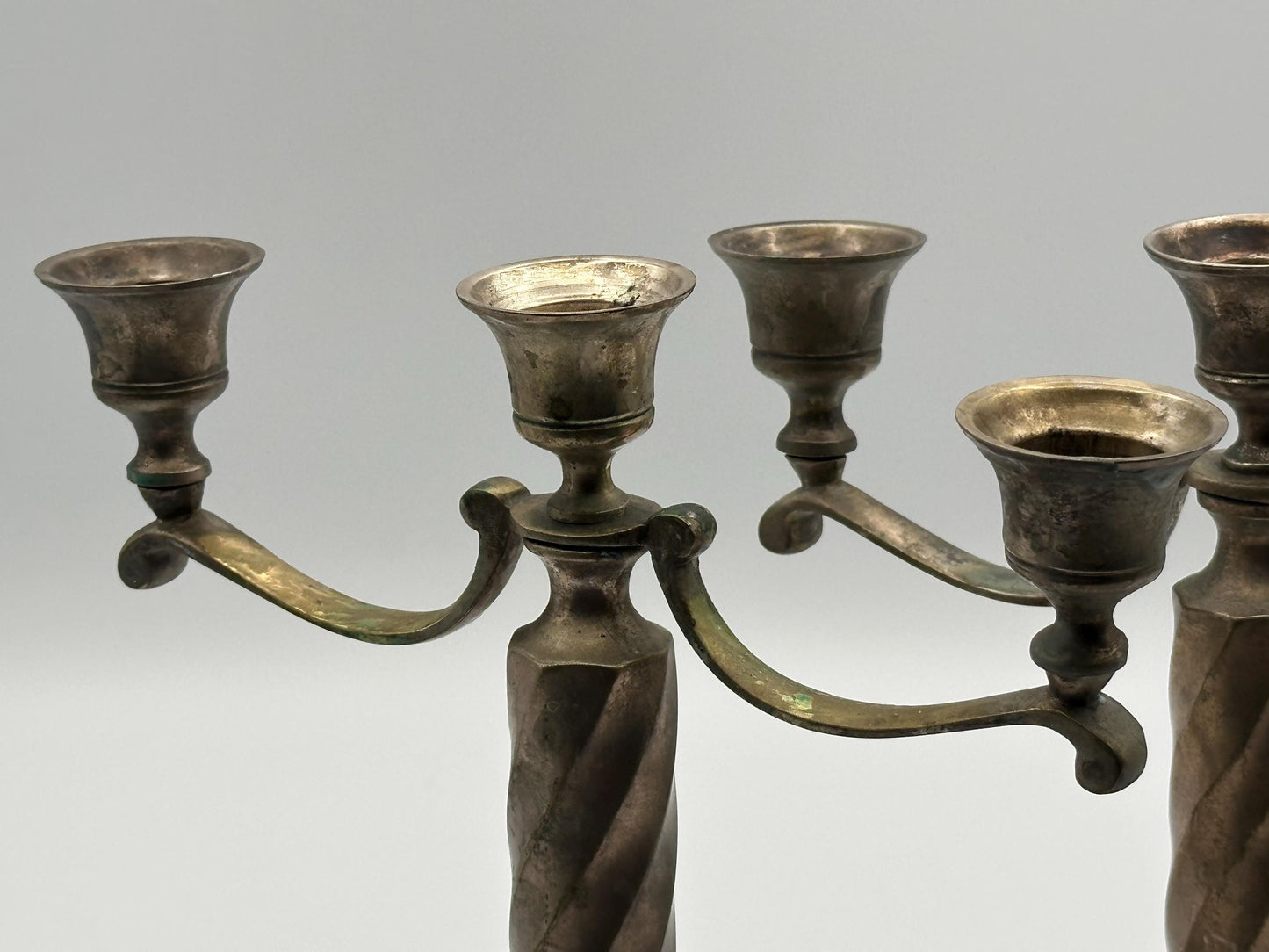 Vintage Brass 3-Arm Candelabra Pair – Ornate Twisted Column Candle Holders – Antique Style Mantel Decor