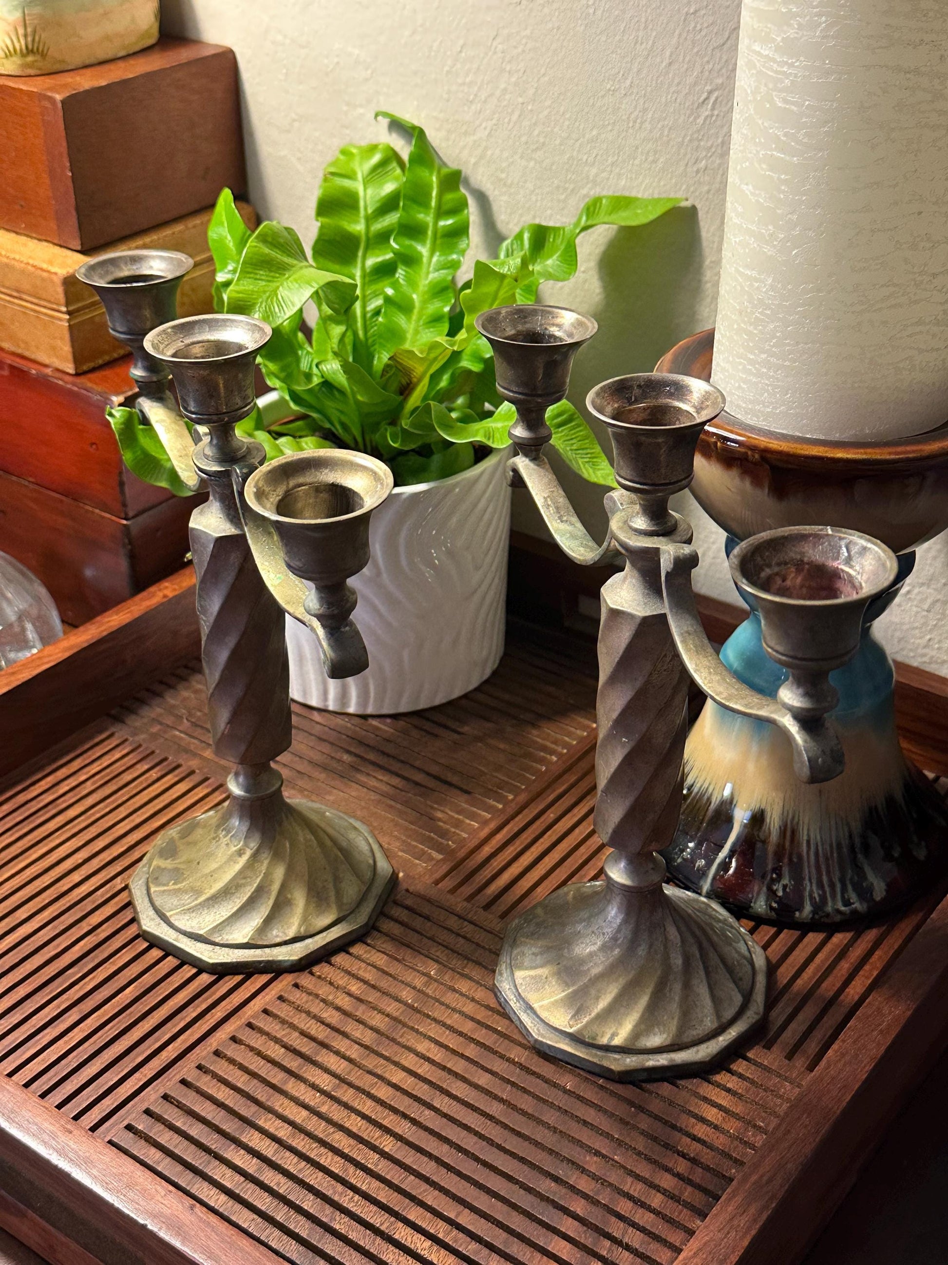 Vintage Brass 3-Arm Candelabra Pair – Ornate Twisted Column Candle Holders – Antique Style Mantel Decor