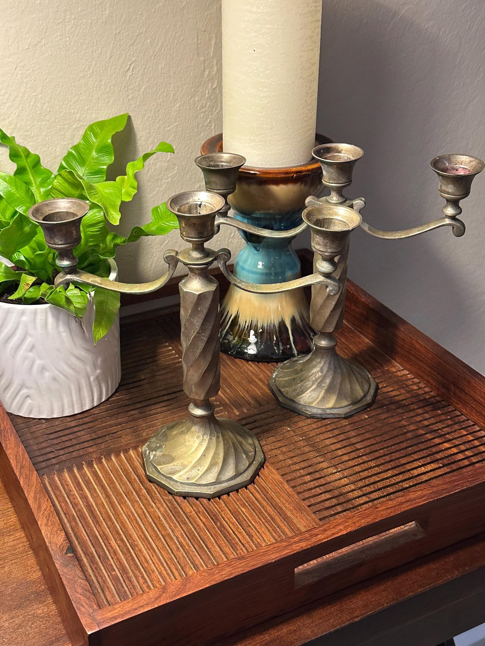 Vintage Brass 3-Arm Candelabra Pair – Ornate Twisted Column Candle Holders – Antique Style Mantel Decor