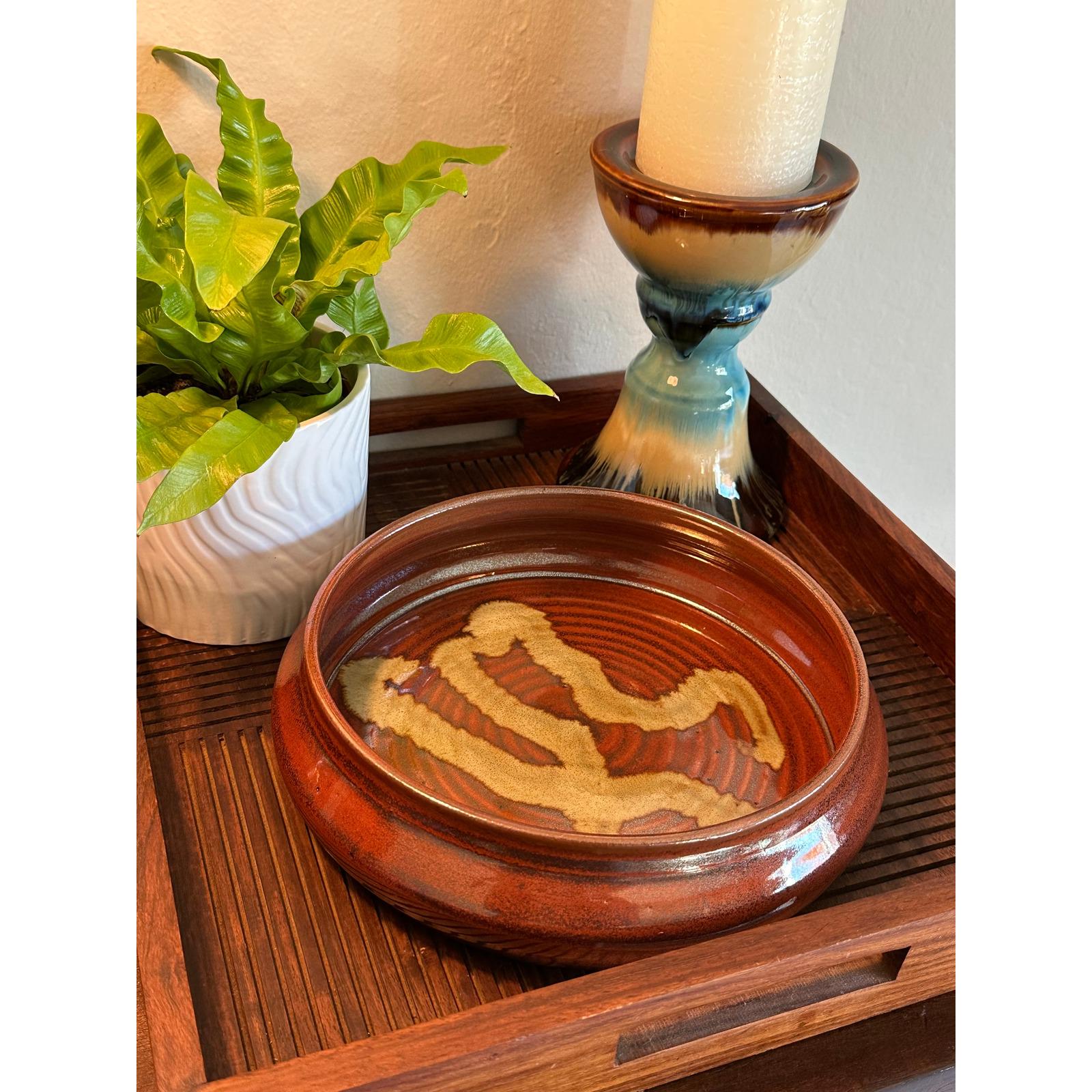 Handmade Studio Pottery Bowl 8 Inch Ceramic Abstract Glaze Design Artisan Crafted Serving Dish