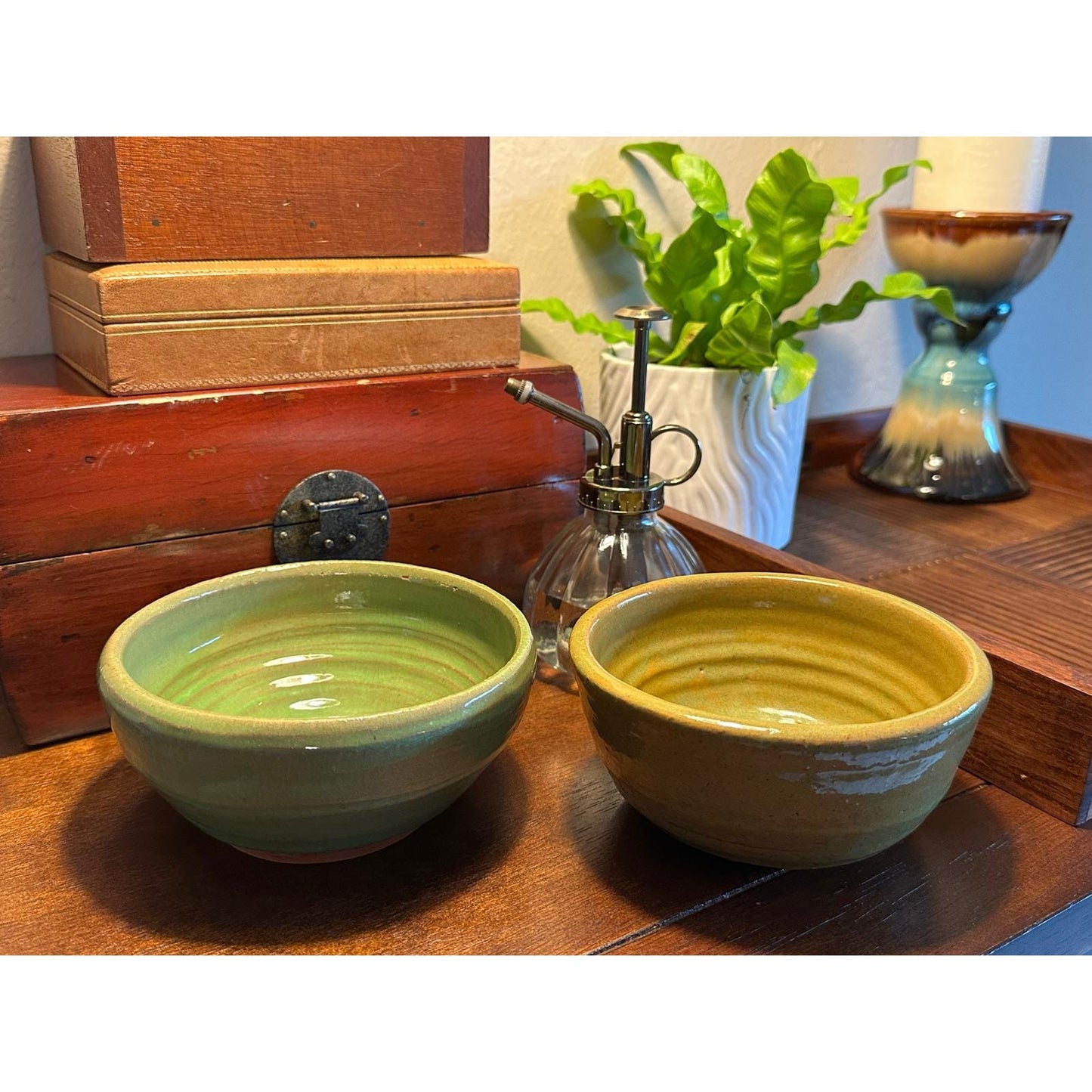 Handmade Artisan Pottery Bowl Set - Stoneware Green Earth-Tone Glaze Kitchen Dinnerware