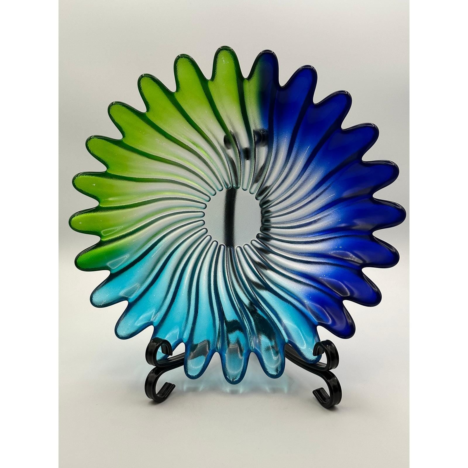 Vintage Walther Scalloped Glass Platter Blue Green Purple Large Serving Tray Mid Century Modern