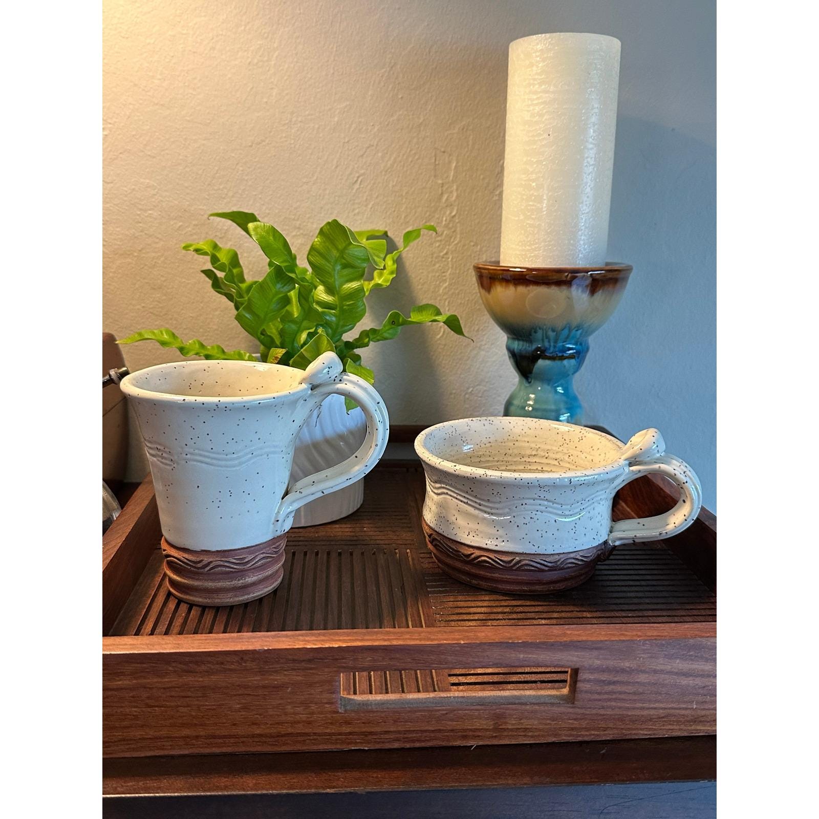 Handmade Speckled Pottery Mug & Bowl Set – Artist Signed Stoneware