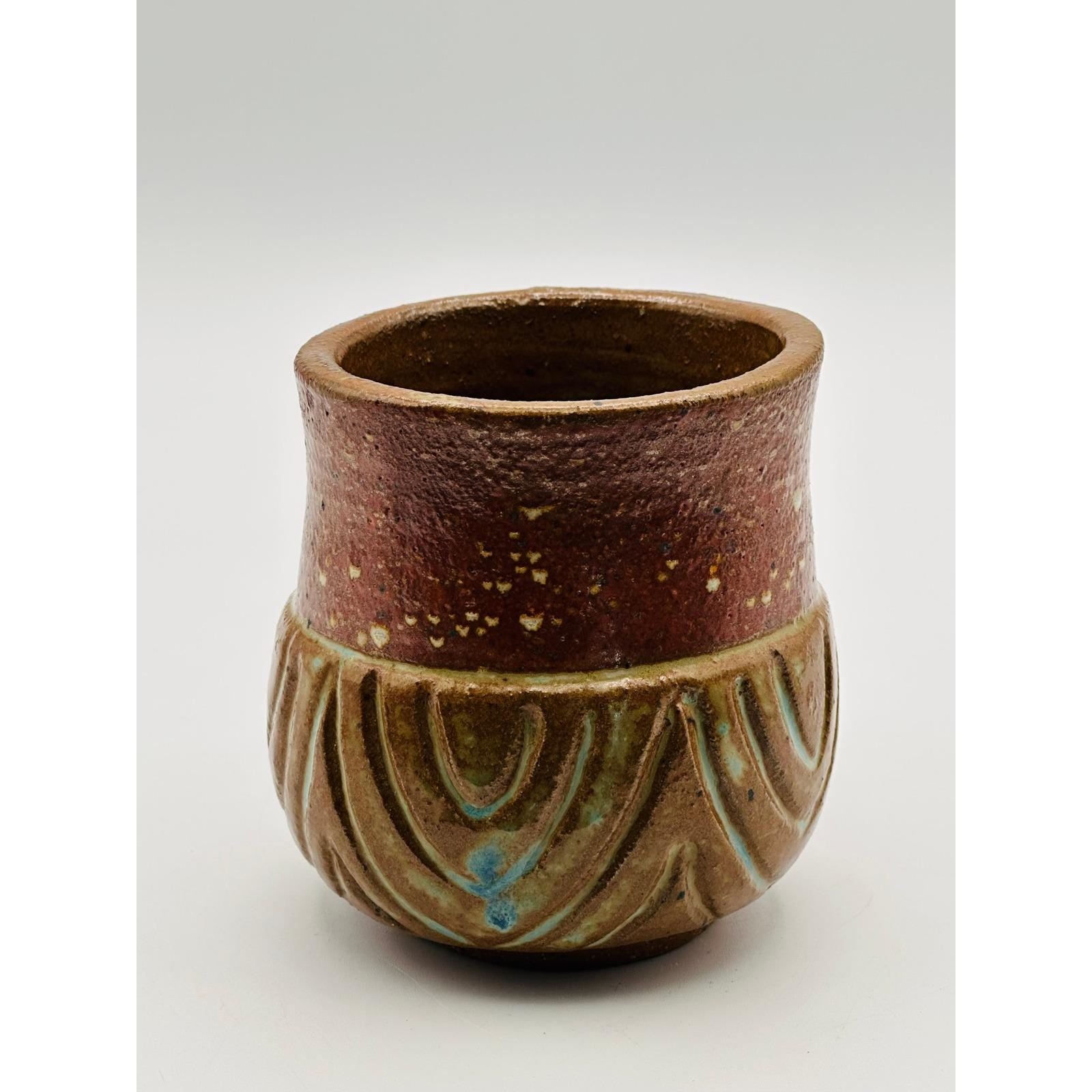 Handmade Studio Pottery Mug - Textured Carved Design, Rustic Brown Earth-Tone Ceramic Coffee Cup