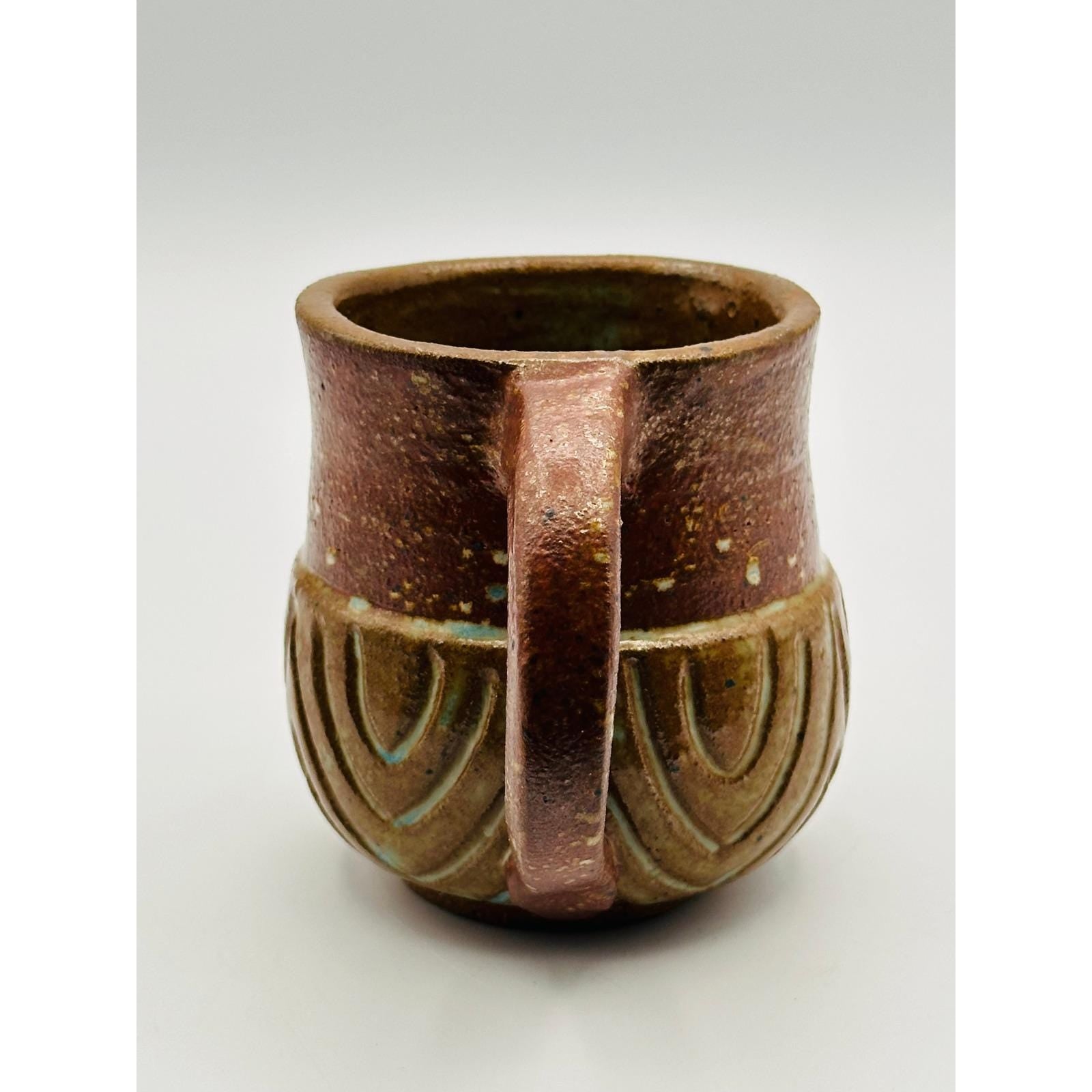 Handmade Studio Pottery Mug - Textured Carved Design, Rustic Brown Earth-Tone Ceramic Coffee Cup