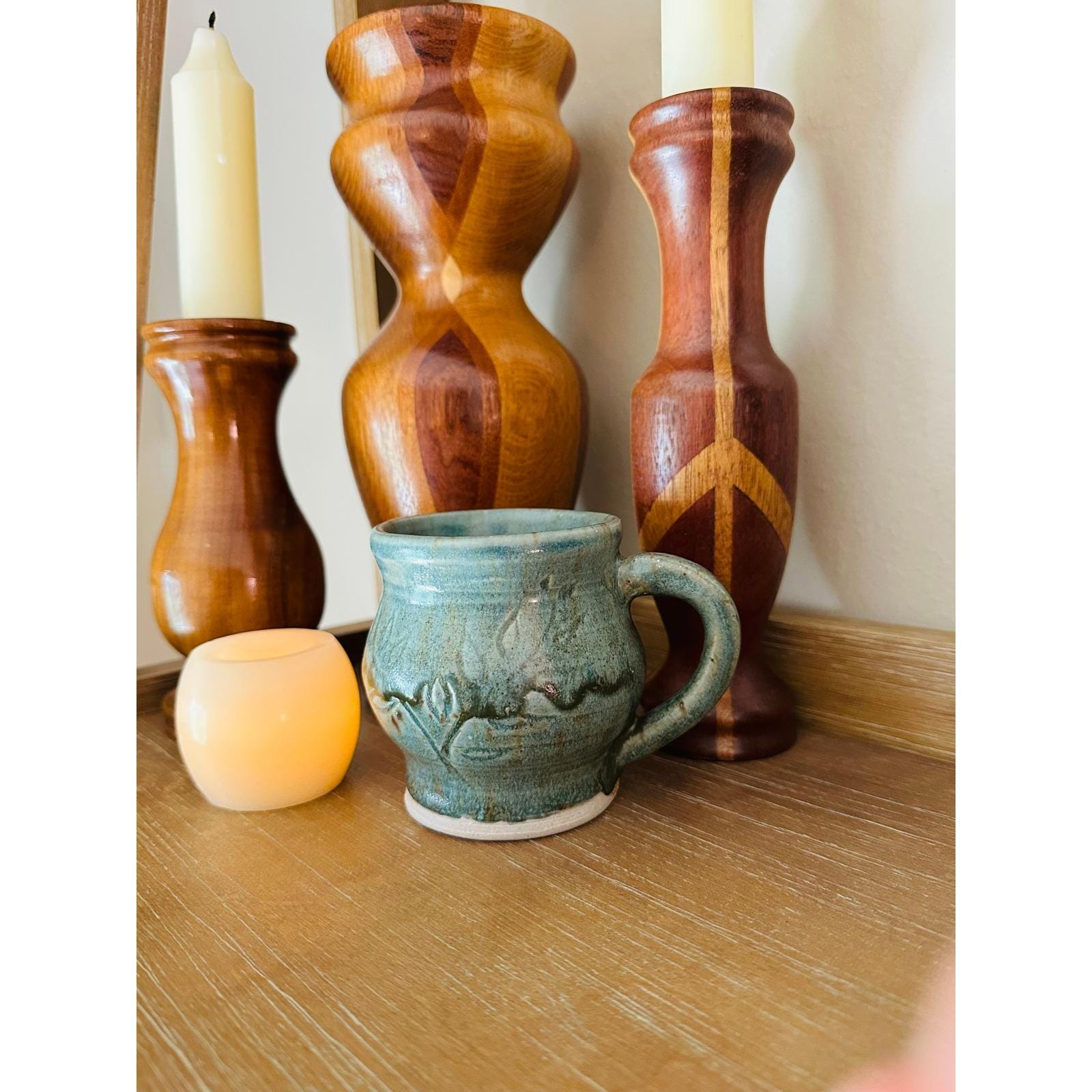 Handmade Artisan Pottery Mug – Blue Green Glaze with Raised Decorative Pattern