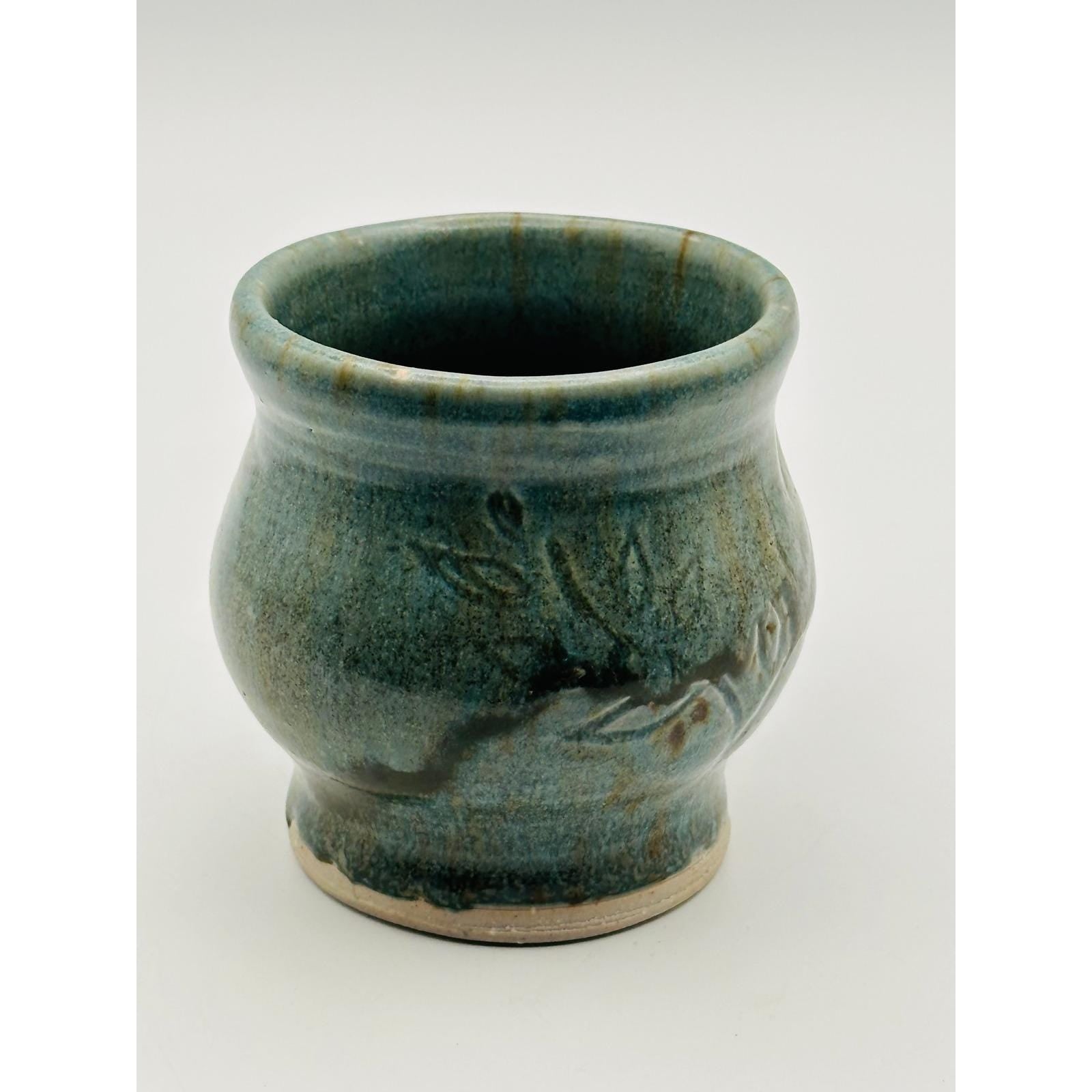 Handmade Artisan Pottery Mug – Blue Green Glaze with Raised Decorative Pattern