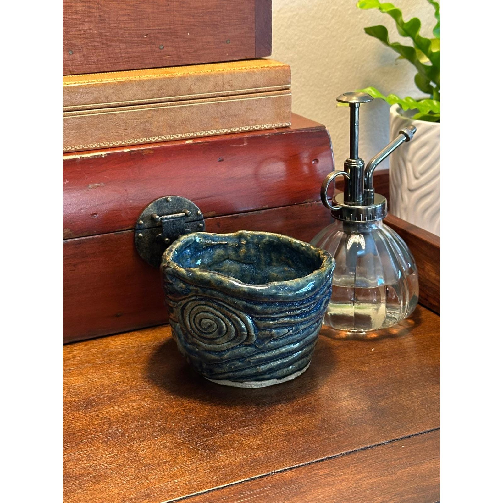 Handmade Studio Pottery Pot - Textured Blue Swirl Design Artist Signed Ceramic Vessel