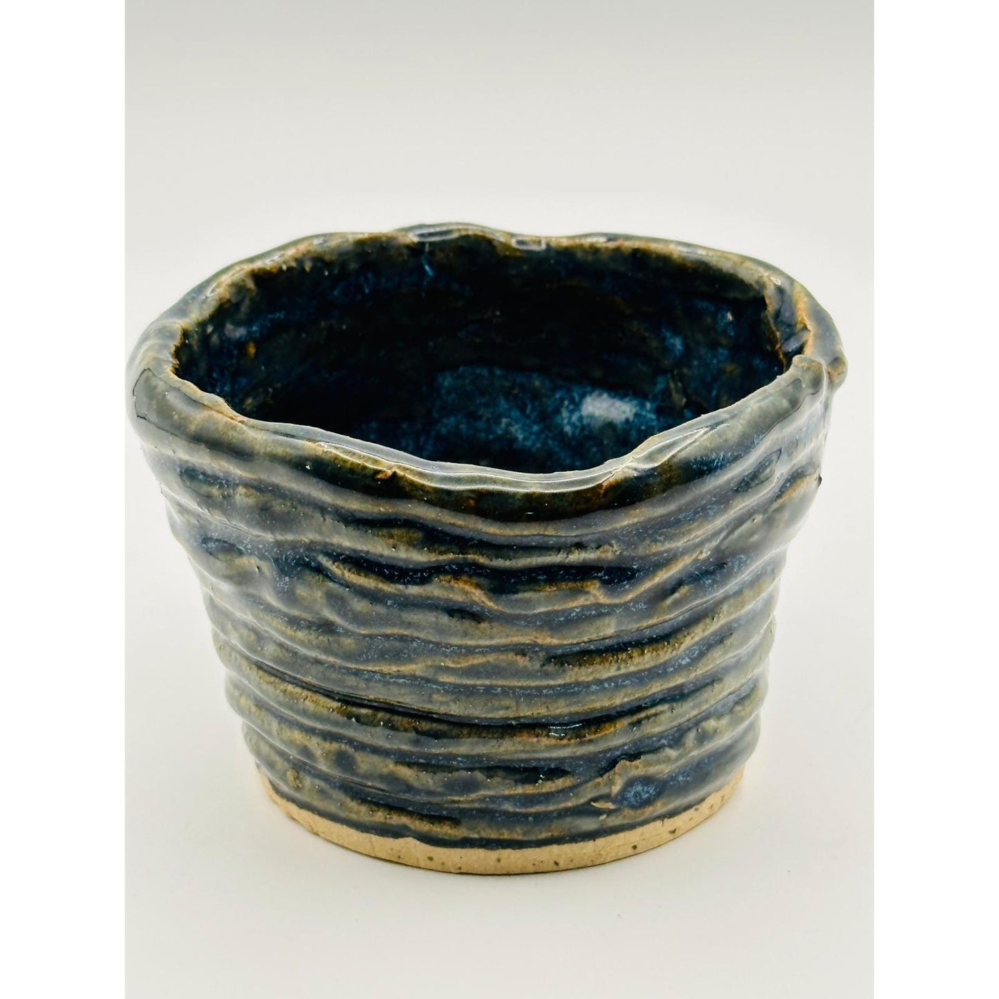 Handmade Studio Pottery Pot - Textured Blue Swirl Design Artist Signed Ceramic Vessel