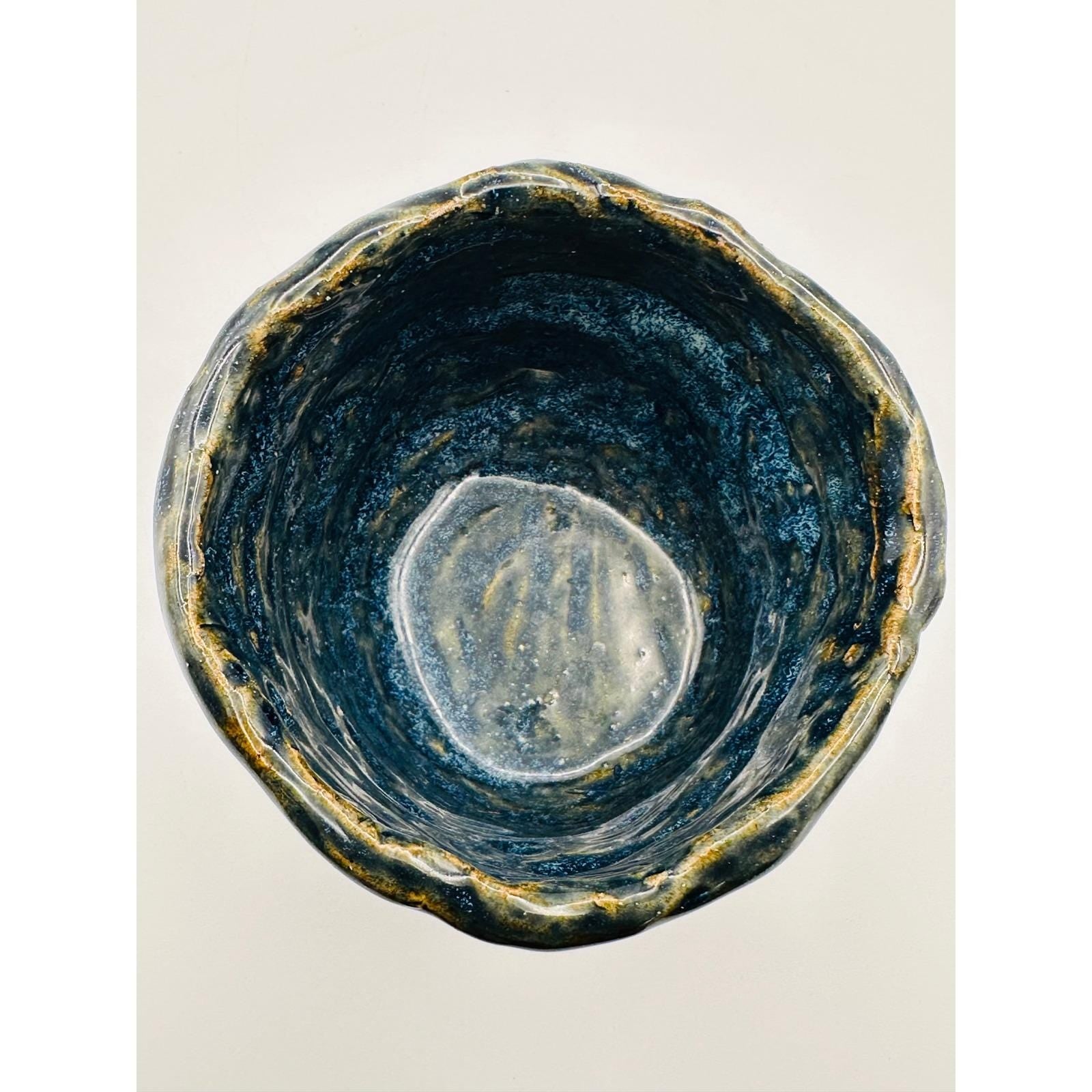 Handmade Studio Pottery Pot - Textured Blue Swirl Design Artist Signed Ceramic Vessel