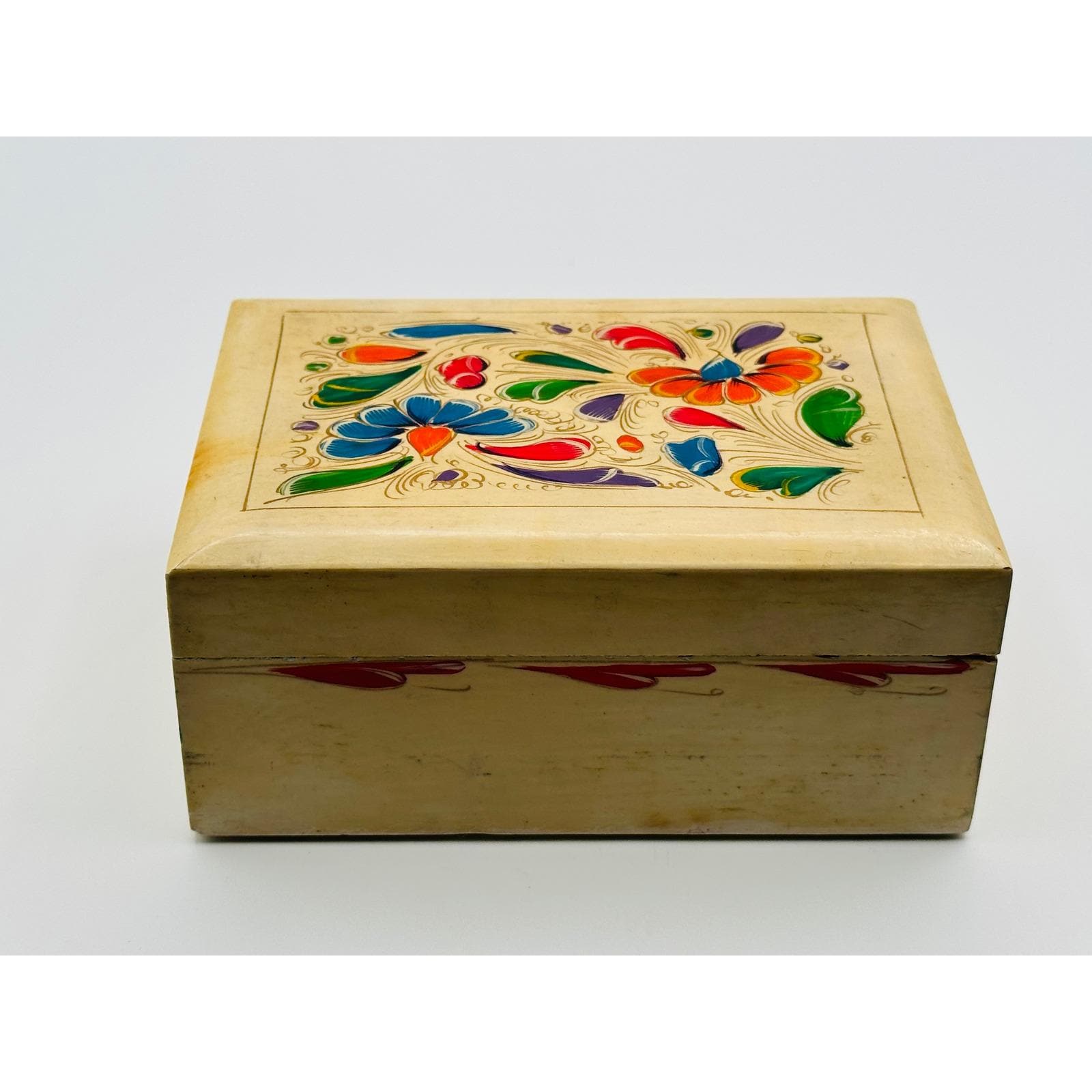 Vintage Hand-Painted Floral Wooden Trinket Box - Boho Decor Jewelry Storage Keepsake